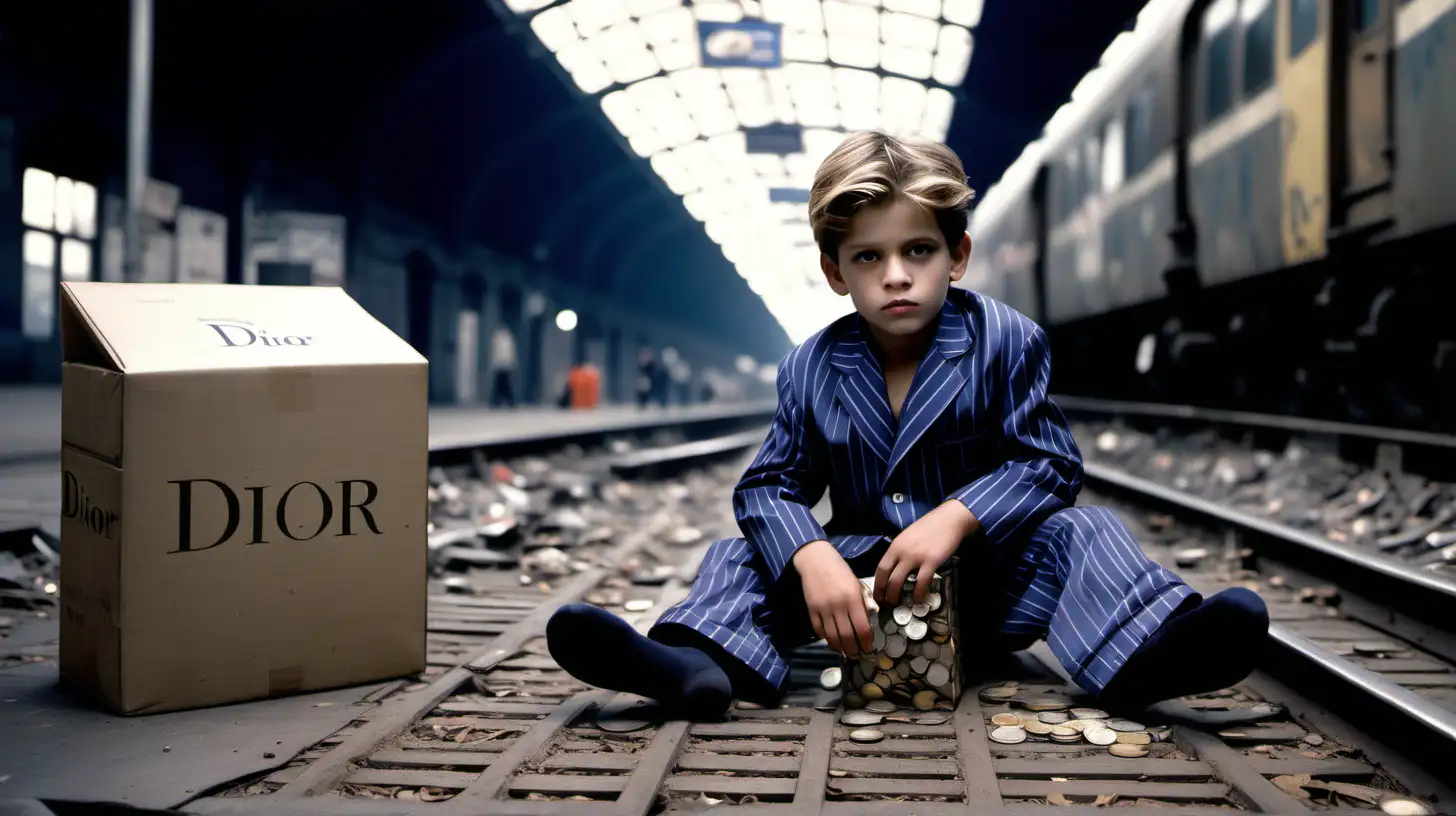 High fashion. Dior logo everywhere
dark dirty train station, long rail tracks
Many people in the background, ad plastics and rubish on the floor
Dark Wide shot.  A handsome looking confident 6 year old, fat. and junkie look with eye bags. Working as a  bicycle delivery driver.  wearing dirty socks in a very BUSY, dirty ghetto, train station. . many people around, sitting,  He is sitting on many cardboard boxes that lay on the floor. He's begging for change,  one cardboard box is full of coins. and he has more coins.  Dressed in a full real Dior pyjamas. same top pattern as the bottom part. We must see the logo on the clothes.
it should look like a film with a very dirty look.
Depth in the image
It should have a soft look, with grain from the film. 
shot on a 8 mm lens, fish eye effect. 
vintage camera with "Cooke" lenses.
Side light
It should fit the slogan "It's not about where you are, but what you wear" a high fashion shoot

We see depth in the image



