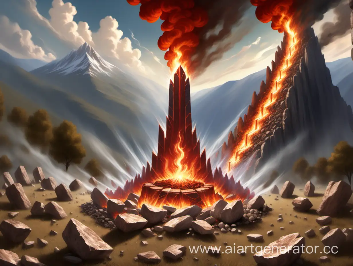 fire from heaven destroying an altar made of rocks in the center of a valley surrounded by tall mountain