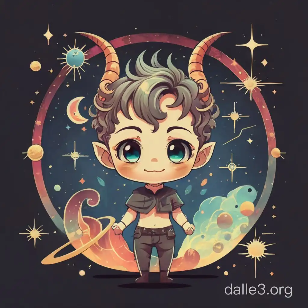  A chibi zodiac Capricorn male human character with big eyes and a cute smile, with cosmic background, Capricorn a symbol, fully colored, no shading