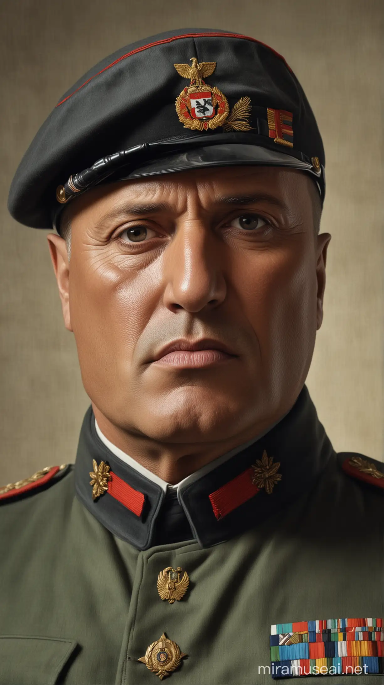 Portrait of Benito Mussolini.  Colour picture Hyper realistic, 4K, Dolby.