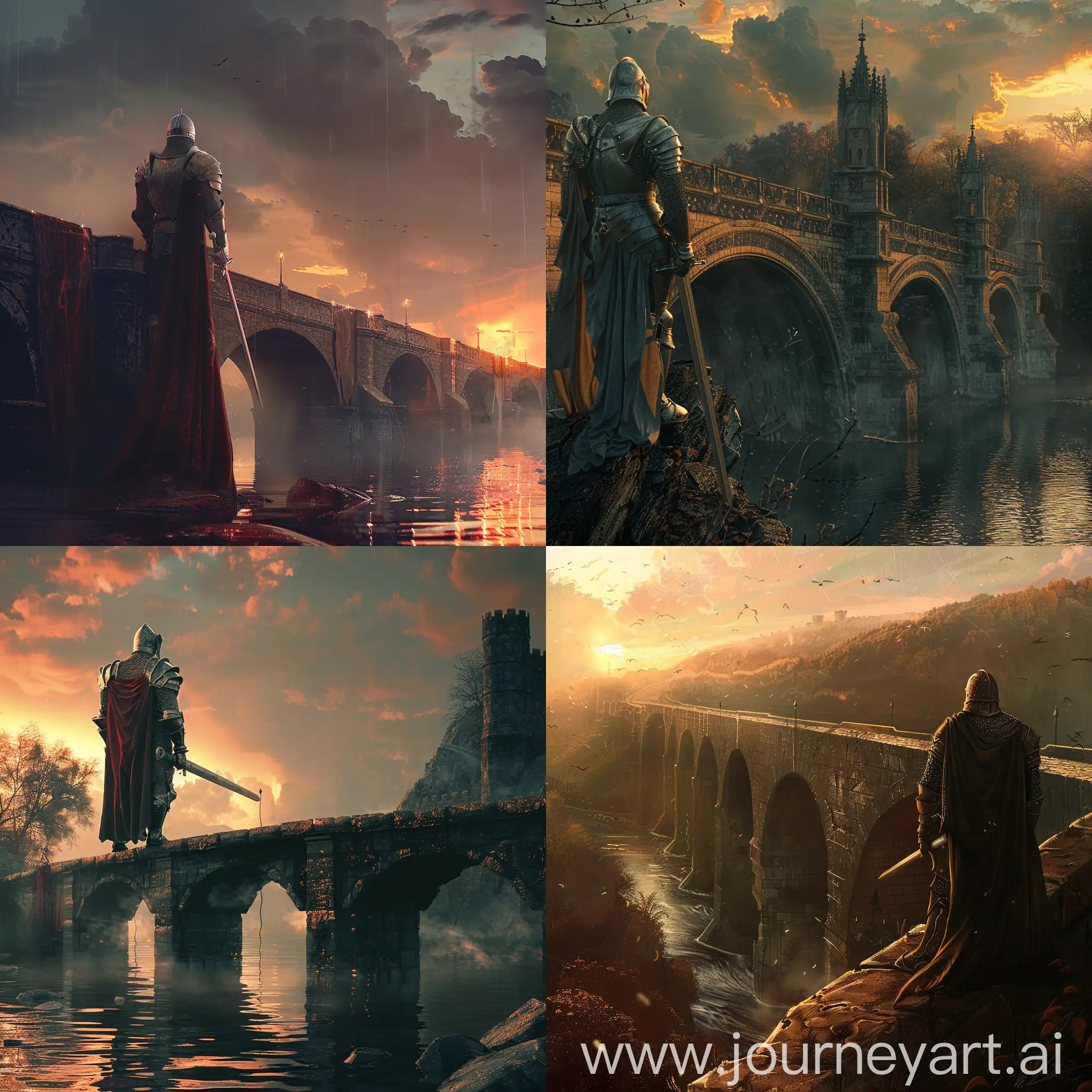A knight guarding an old bridge, calm, hd, warm lighting