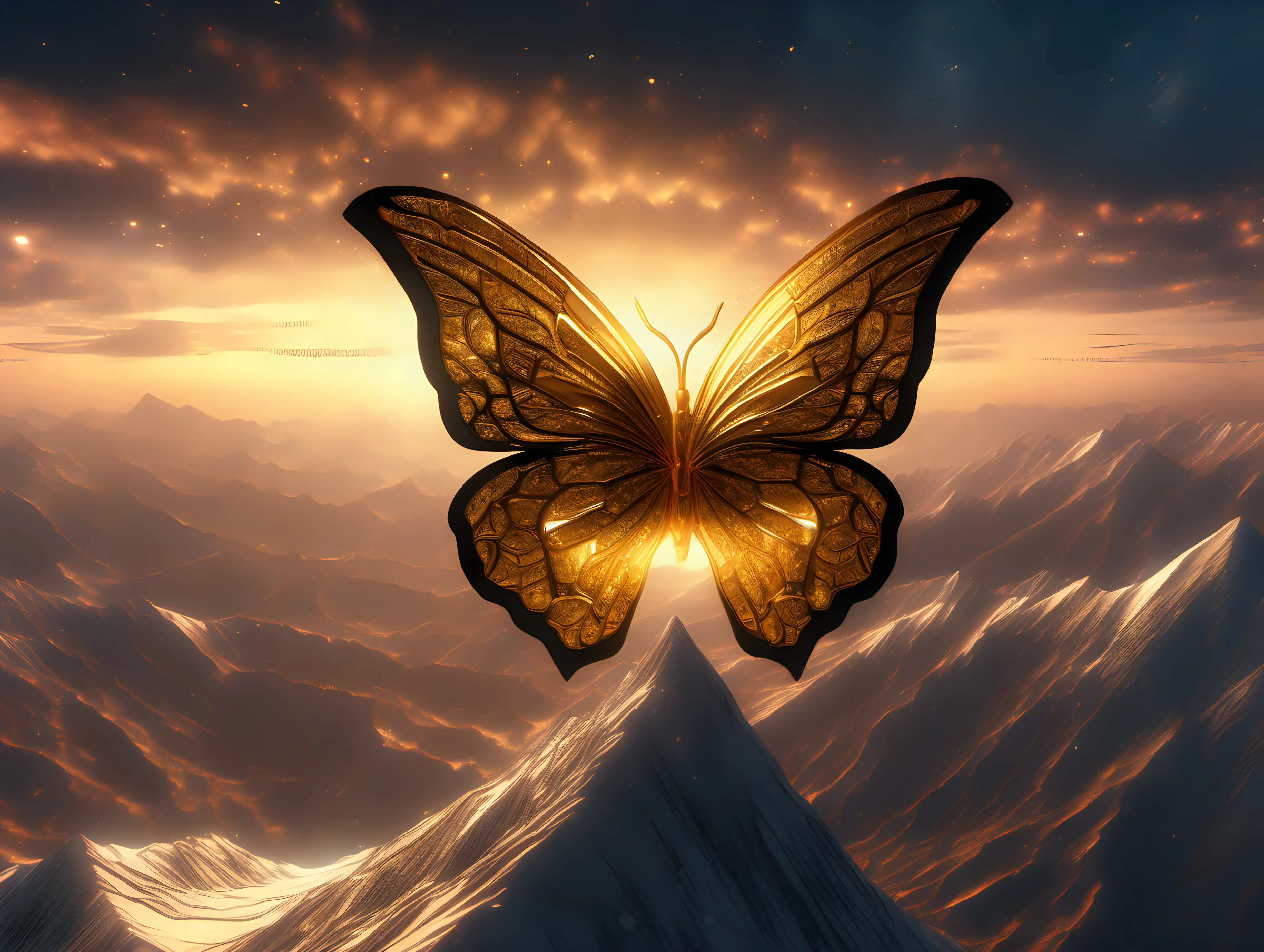 running up a big mountain peak, gold sunset, galaxy butterfly sky
mythical, ethereal, intricate, elaborate, hyperrealism, hyper detailed, 3D, 8K, Ultra Realistic, high octane, ultra resolution, amazing detail, perfection, In frame, photorealistic, cinematic lighting, visual clarity, shading , Lumen Reflections,
