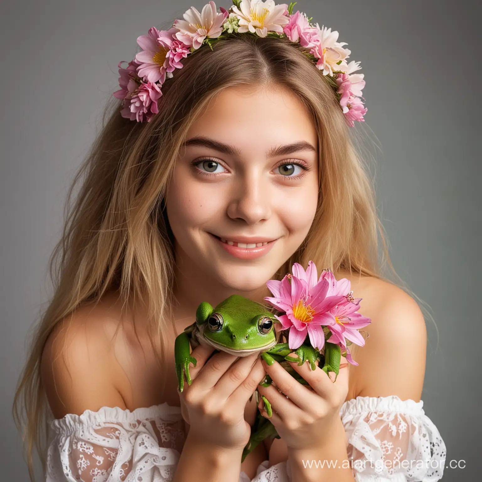 Милая девушка 19 лет с лягушкой и цветами
