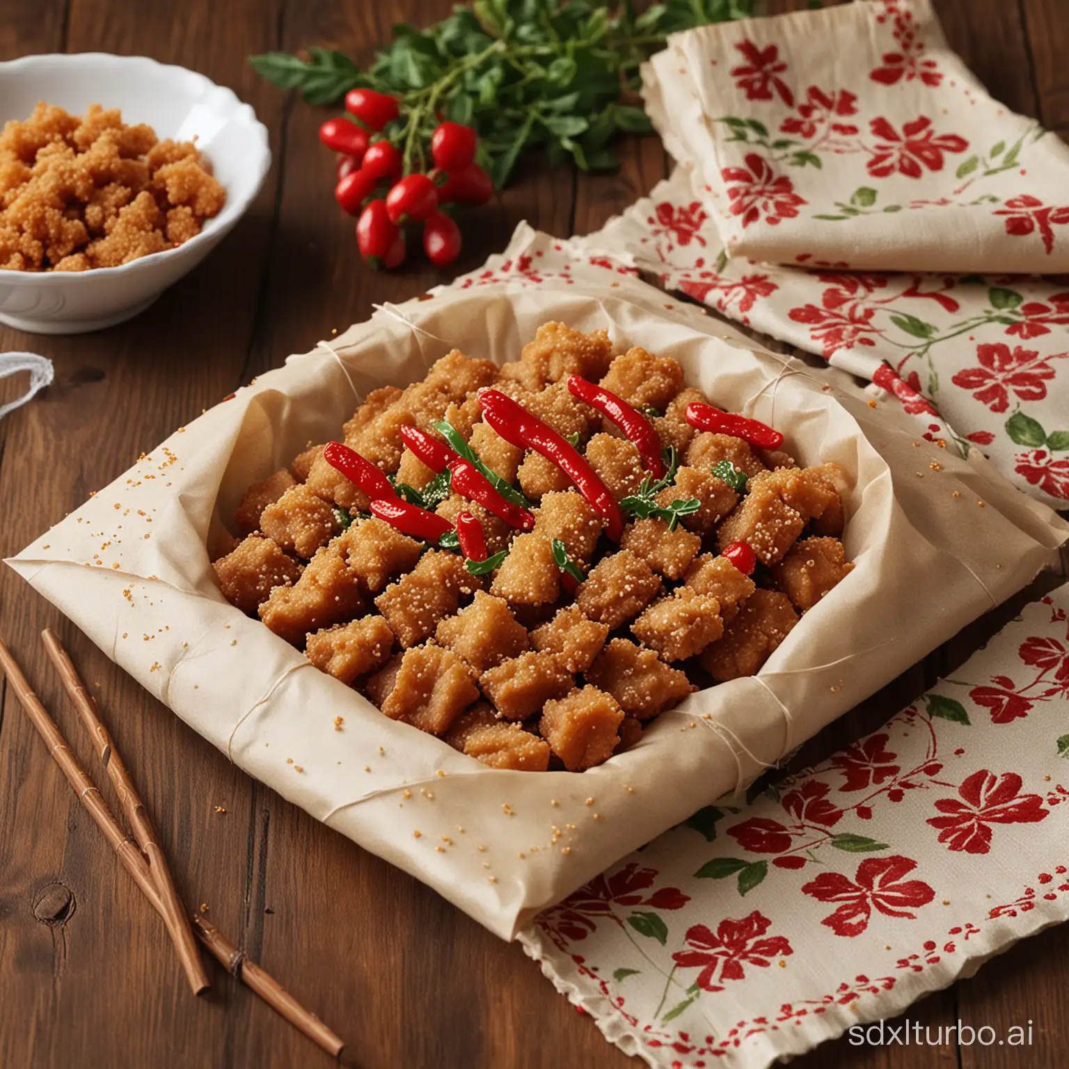 Package design,, (lanky pieces of small crispy meat1.8), Fried food,，covered in breadcrumbs，At the dining table，table cloths，chopsticks，Surrounded by gorgeous decorations，cattered red pepper segments, green pricklyash, fried food, looks tender and delicious, crisp outside and tender inside