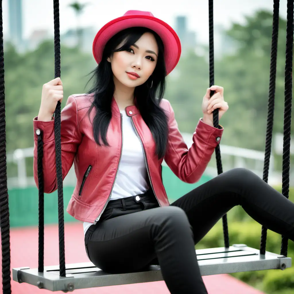 Beautiful woman, wearing a gray red leather jacket. Black pants. Pink hat. am sitting. on the Swing. Beautiful. black hair. Asia
