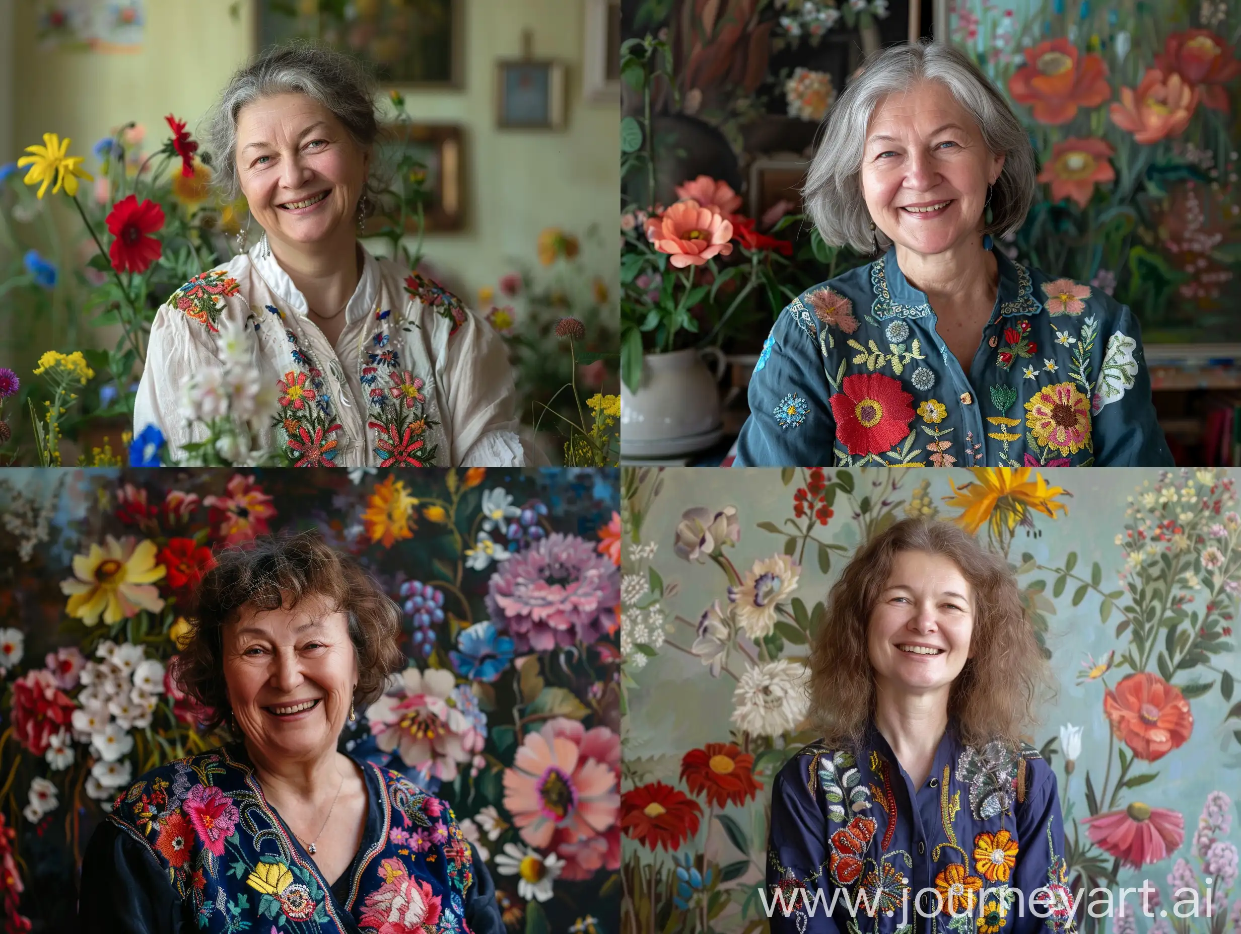 Ein Porträt von Maria Prymachenko in einem ukrainischen bestickten Hemd, sie lächelt, umgeben von den Blumen, die sie in ihren Gemälden dargestellt hat.