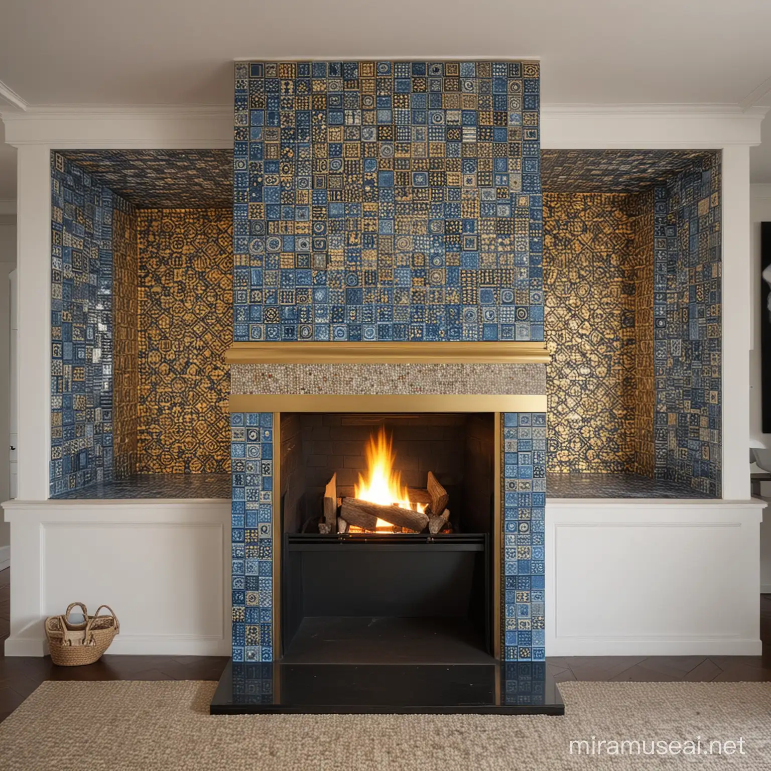 viral, viral closed fireplace, classic squared, suspended from the ground, captivating, brilliant, precious, mosaic wood hood covering with Bisazza blue golden
