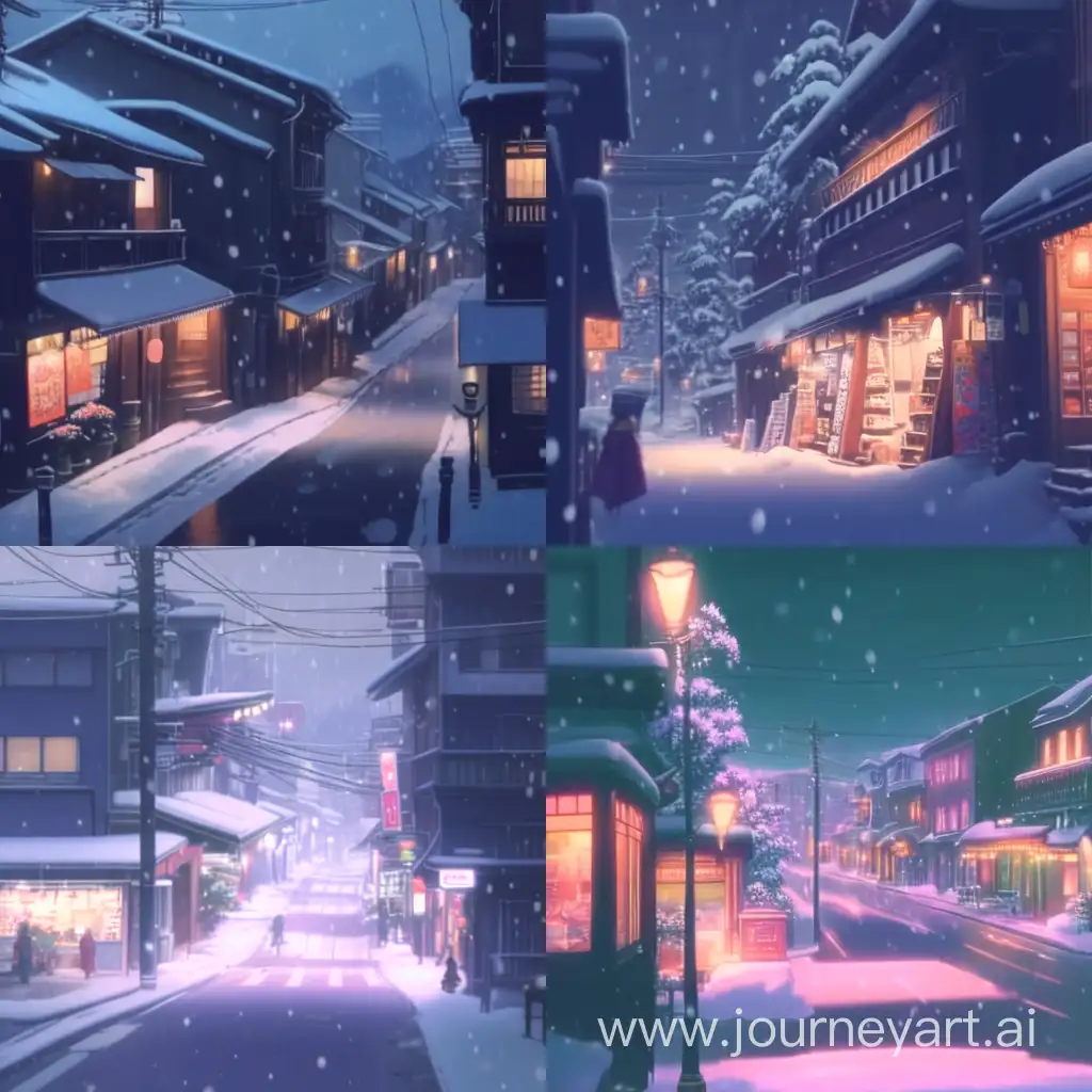 Anime scenary, mokoto shinkai style, snowy day in street, snowy cover road, trum, verious shop, cool tone, snowy falling motion, ultra hd, High quality, sharp details, -- ar 27:32 --niji 6 