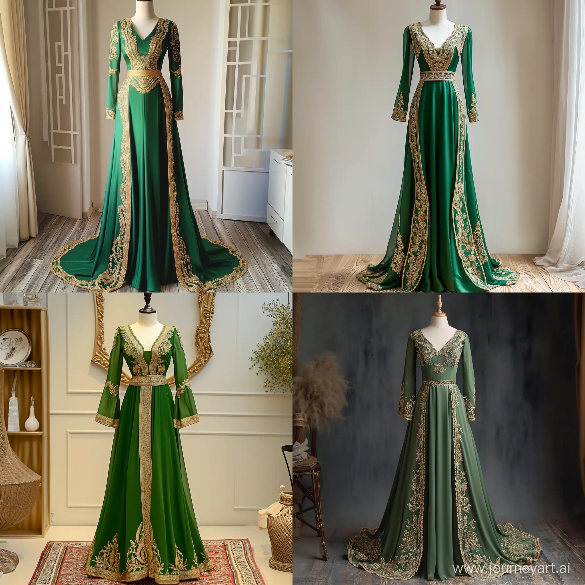 a beautiful green dress with intricate golden embroidery, displayed on a mannequin. The dress is long and flows down gracefully, giving it an elegant appearance. The golden embroidery is intricate and detailed, adorning the borders, waistline, and extending down the length of the dress. The dress has a V-neck design which is also outlined by the golden embroidery. It appears to be made of a glossy material that gives it a luxurious look. The waistline is accentuated by an embroidered belt-like design that adds to its elegance