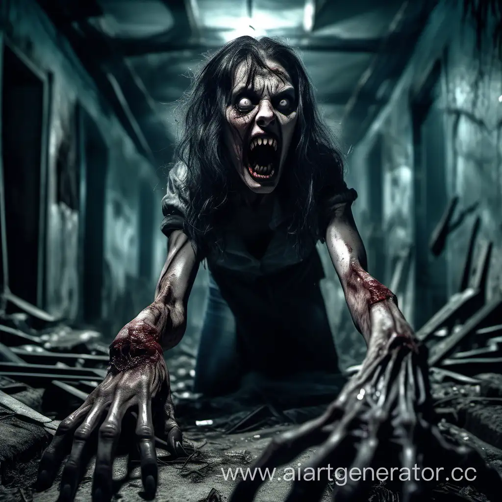A Terrible-looking Zombie woman with long curved pointed nails protruding from her fingers like menacing claws, she looks like a who has climbed out of the grave, her mouth is threateningly open exposing pointed teeth resembling fangs, The scene takes place at night, in an abandoned building, hyper-realism, photorealistic, cinematic, high detailed, nails detailed, detailed photo.