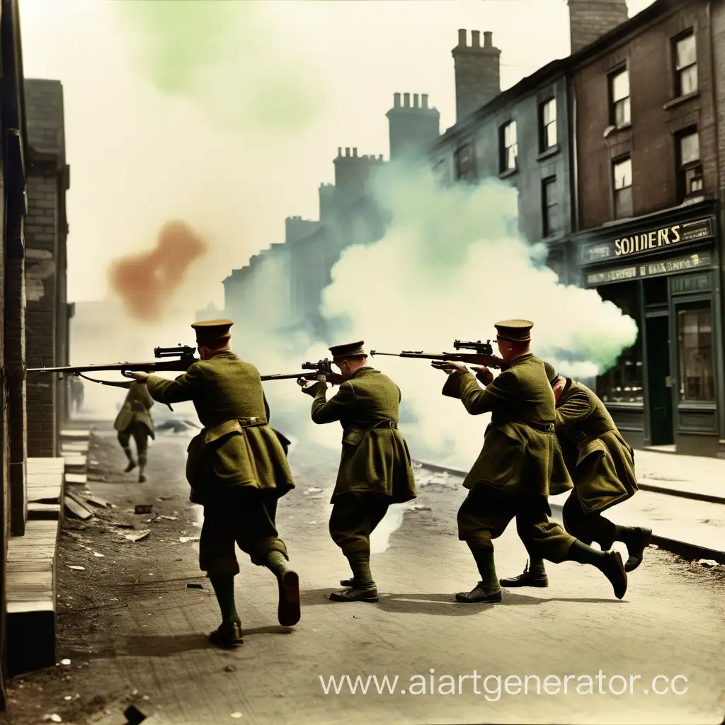 Ira soldiers aiming their Rifles on armed target that running away of them in a bit smoked city , 1921, color
