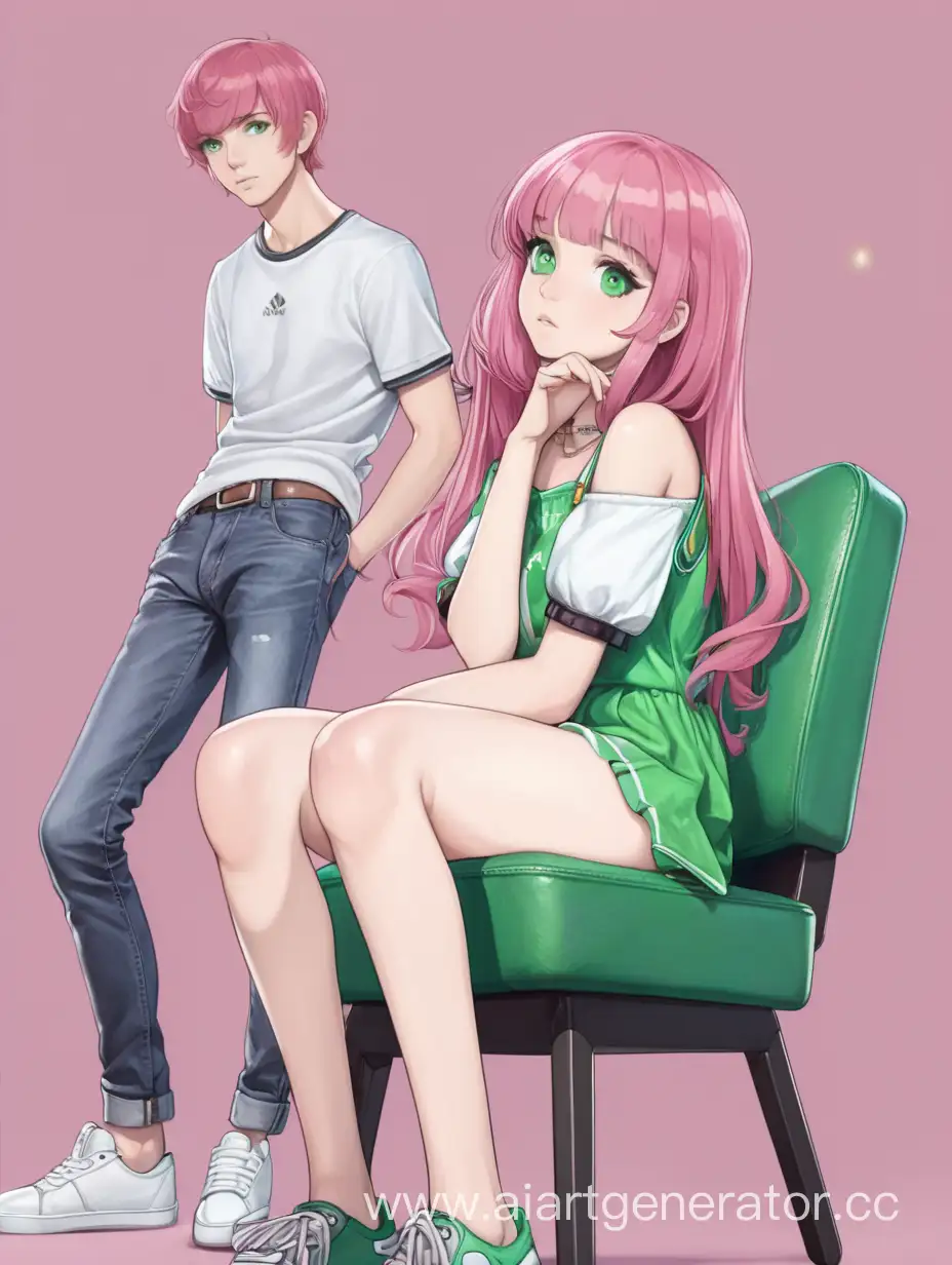 Розоволосая девушка с зелёными глазами сидит на стуле. Сзади стоит парень с коричневыми волосами