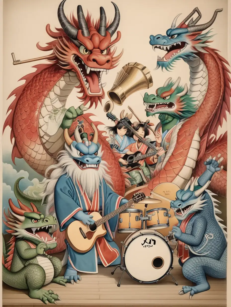 dragones japoneses tocando un concierto musical con cantante guitarra bateria y piano
 
