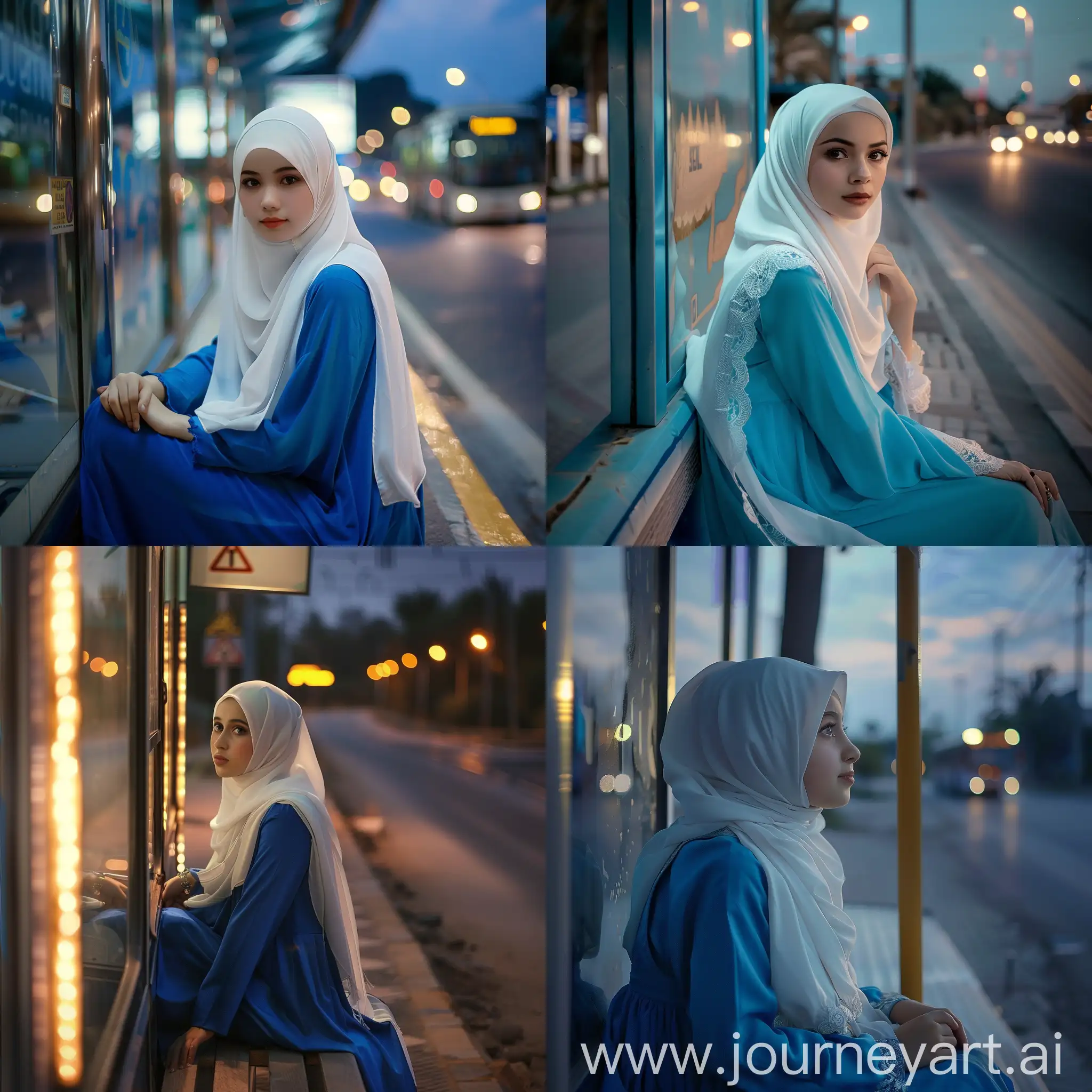 Gadis cantik berjilbab putih,pakai baju biru,duduk di halte bus,suasana malam hari