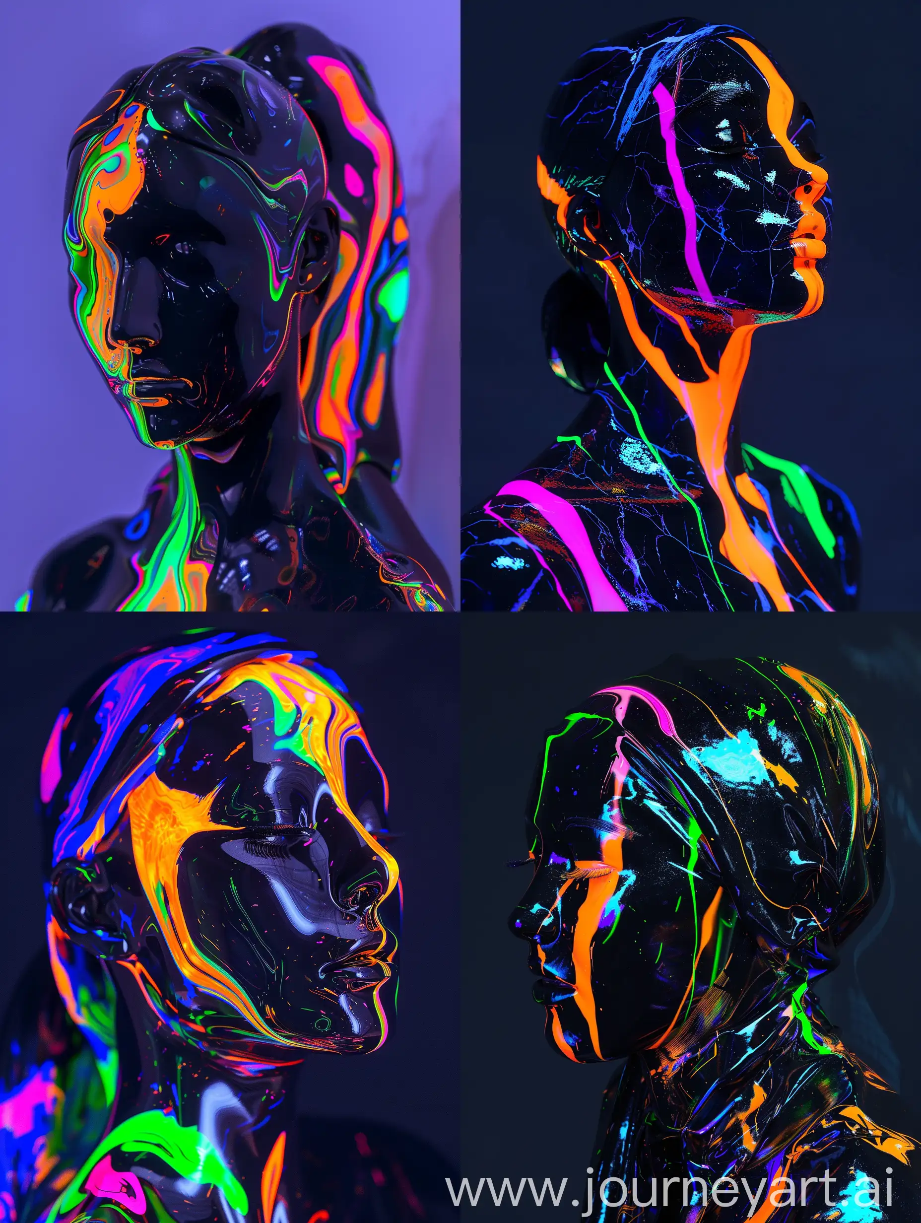woman with glossy marble skin, black and lit with UV orange, green, yellow, pink, blue and purple under a black light effect. Very liquid shape through whole body. extremely colourful and bright. Glossy texture. Black light shines on dark background. Very abstract looking. hyperrealistic in 8k