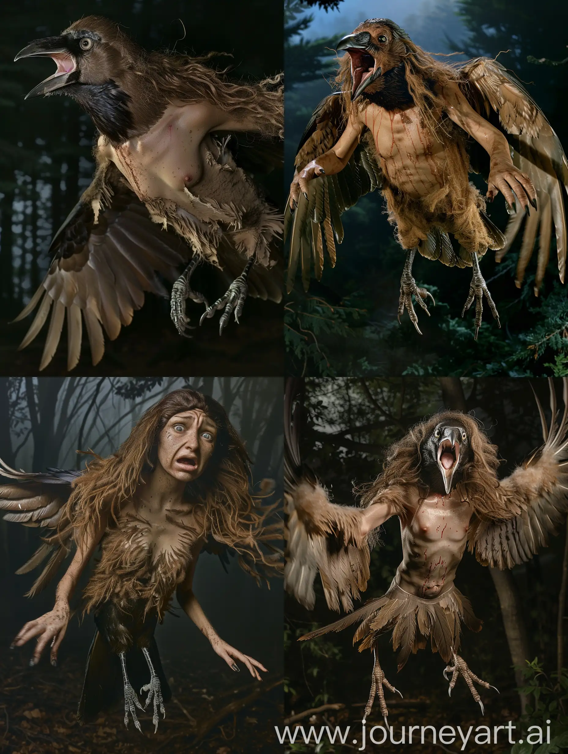 A crow. She has loose brown hair, a face and a chest. She has a feathers, a beak, claws and wings. She is flying over a forest at night. She has claws for feet. She is crying. Realistic photograph, full body picture.