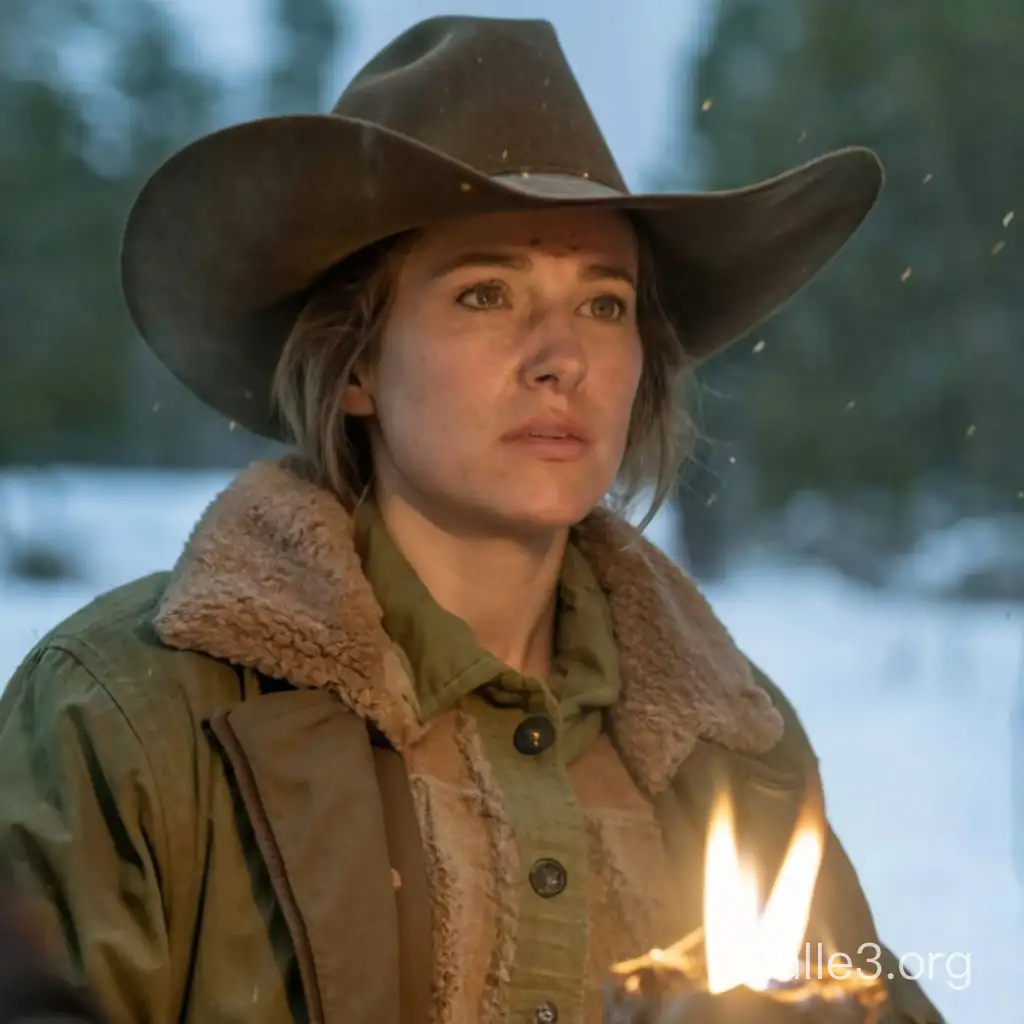 A woman in her early thirties with brown hair, round face and green eyes. She is wearing a brown sweater, beige coat and a cowboy hat. It is dark and snowing around, only light source being the campfire