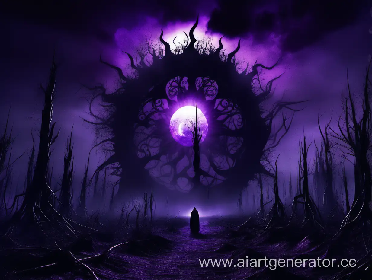 Giant creepy creation with dark purple sun on the background, gothic, surreal, highly detailed, digital painting, expert composition, ominous atmosphere, dark shadows, eerie lighting, mystical, ethereal
