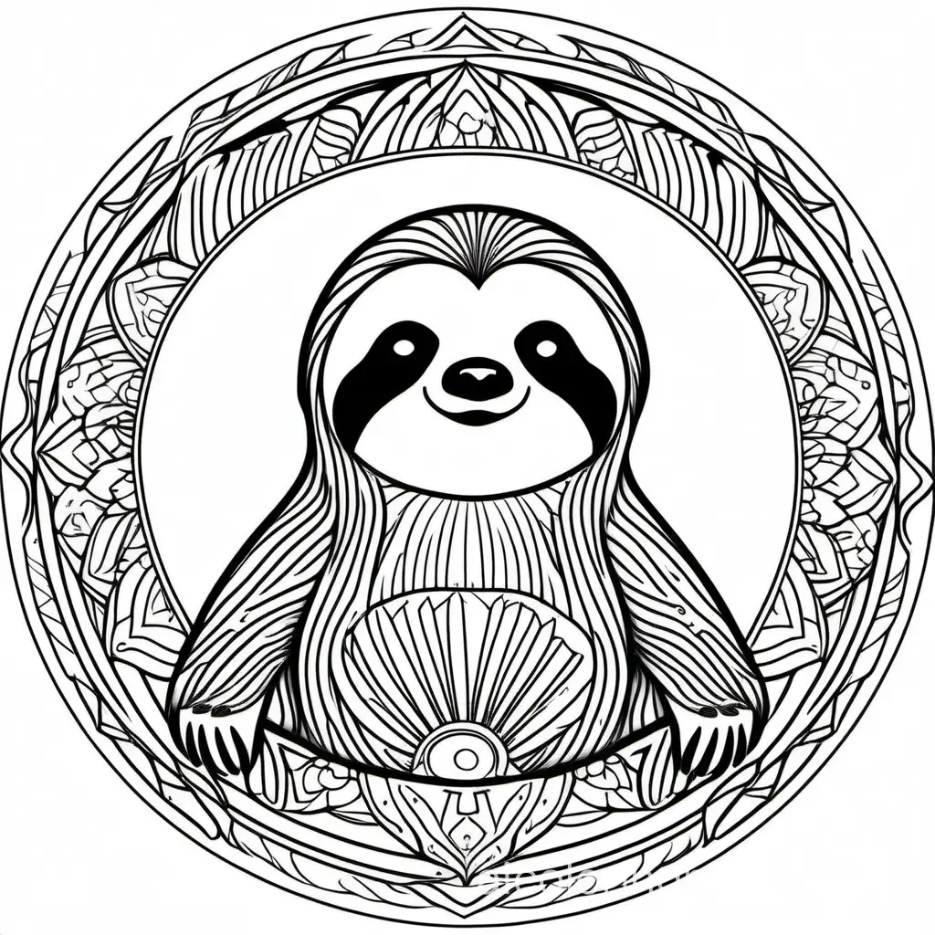 sloth inside a mandala, Coloring Page, black and white, line art, white background, Simplicity, Ample White Space. The background of the coloring page is plain white to make it easy for young children to color within the lines. The outlines of all the subjects are easy to distinguish, making it simple for kids to color without too much difficulty