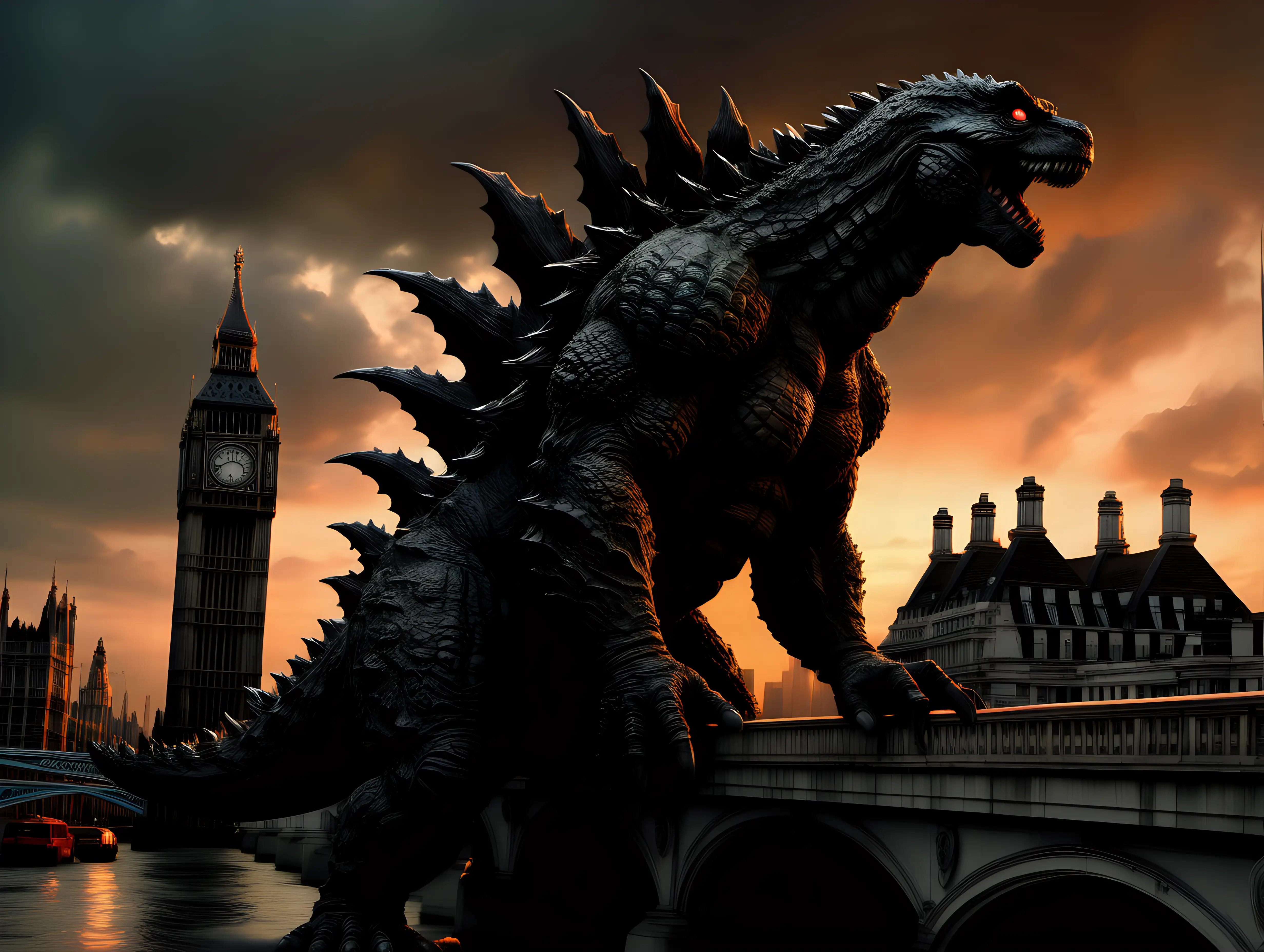 Godzilla on the London Bridge at sunset in style of realism by frank frazetta and annie leibovitz, emotive and moody and muted, dark background