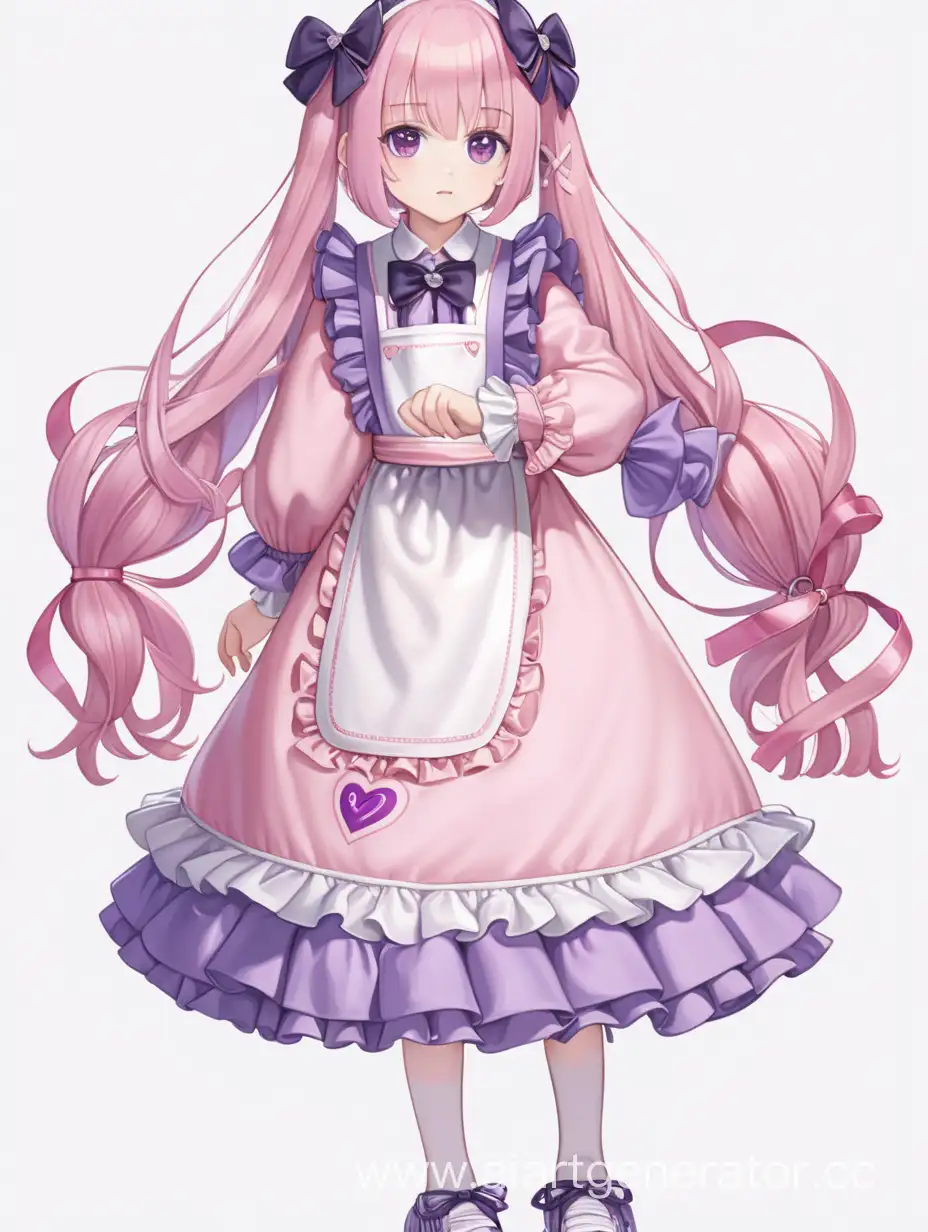 1girl, standing, long hair, looking at viewer, solo, brooch, dress, jewelry, hair,  apron, bangs, blush, bow, closed mouth, dated, dress, frilled dress, frills, full body, hairband, heart, long hair, long sleeves, looking at viewer, pink dress, pink eyes, pink hair, pink ribbon, puffy sleeves, purple eyes, ribbon, shoes, standing, two side up, white background, a 12-year-old child