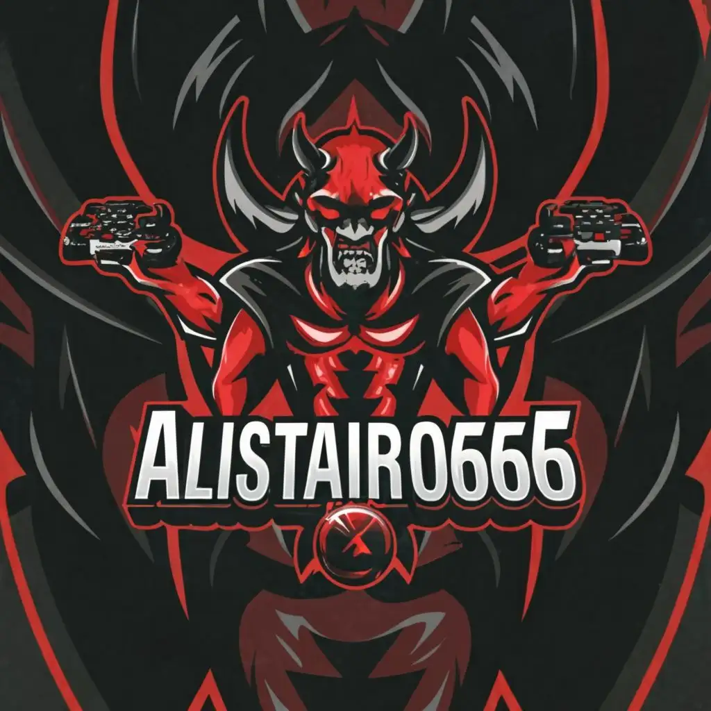 a logo design,with the text "Alistair0666", main symbol:Red, and black demon gamer,Moderate,be used in Entertainment industry,clear background