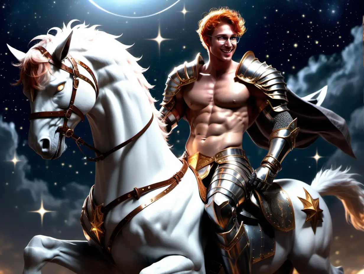 Handsome redhead male knight , bracelets, leg armor  amber eyes, short hair, stubbles , muscular , glasses, oiled up, very sweaty, show hairy chest, show abs, muscular, full body shot, riding a pegasus, , smiling, stars, night 