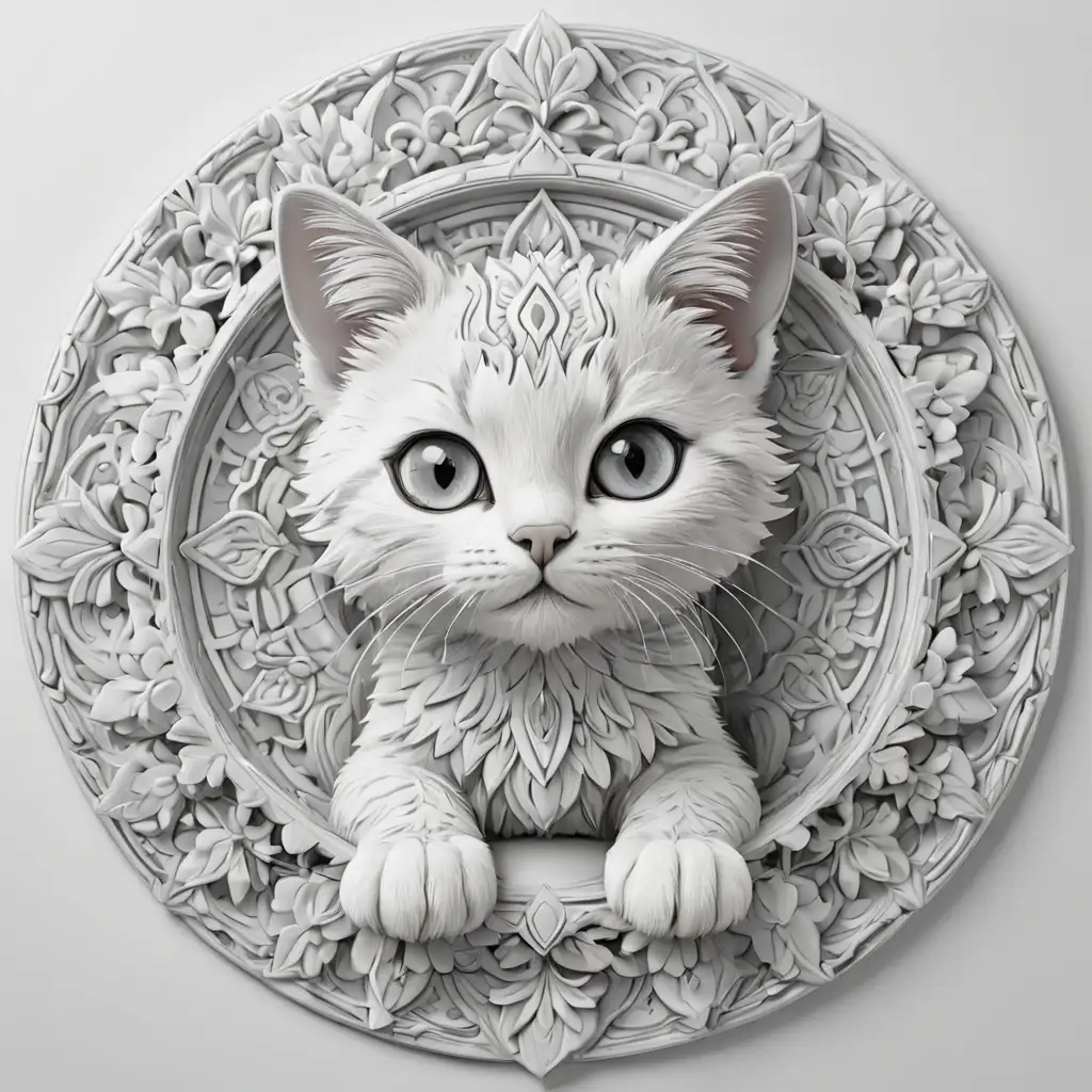 Coloring page with a cute little cat in the center of a detailed and very defined 3d mandala on a white background, no color