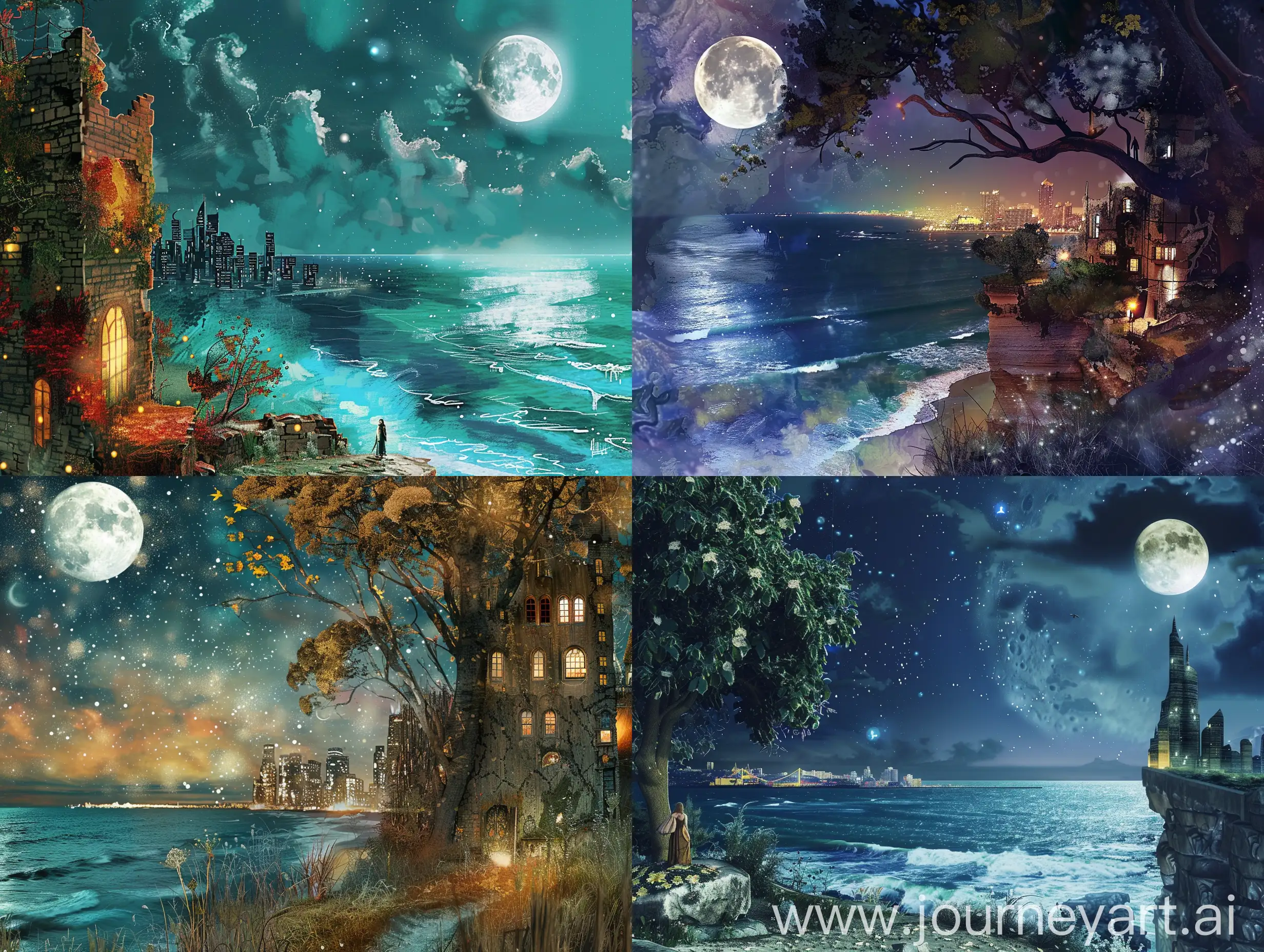 Modern-Cityscape-with-Fairy-Tale-Elements-and-Full-Moon