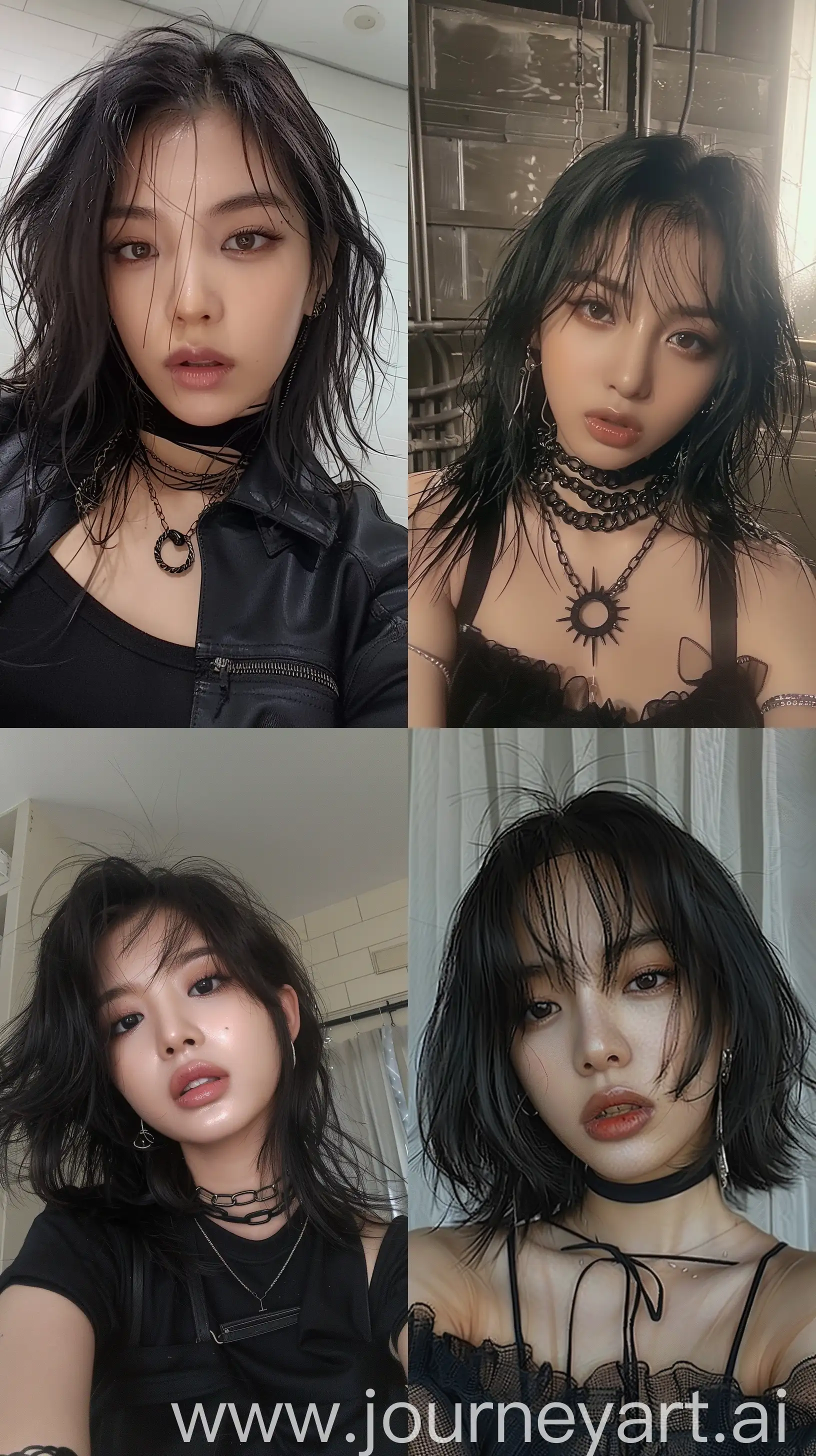 a selfie blackpink's jennie, medium wolfcut hair, wide set eyes, grunge aestethic make up, --ar 9:16 --stylize 250