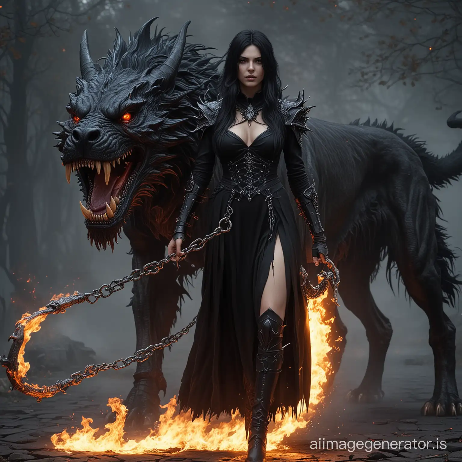 a necromancer who is in the world of Elden Ring with a burning monster hellhound on a leash, 8k, sexy black gothic dress, black hair, realistic, blood, more sexy, 