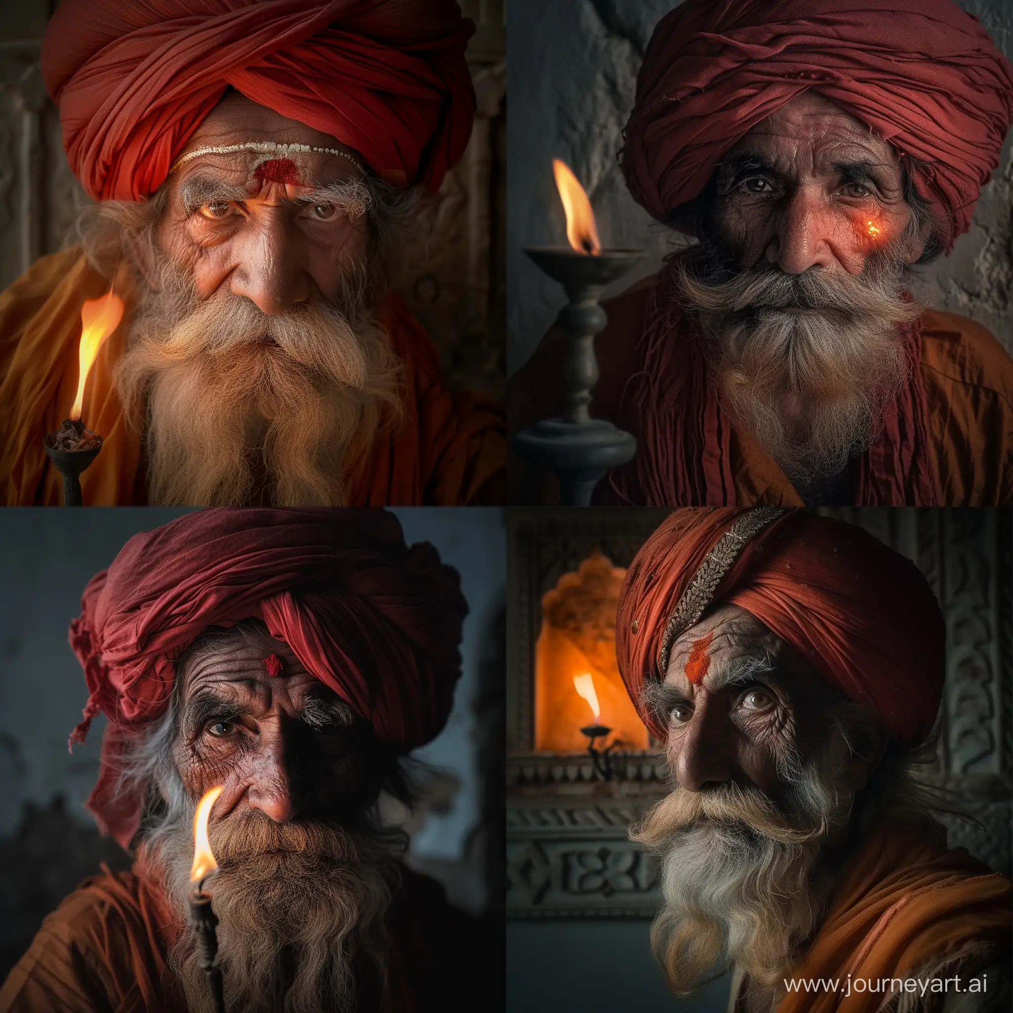 80 years old rabari portrait with moustache red turban  long beard       light in his face from a burning candel  in a old room 50mm fujixt4  soft shadows fotorealist