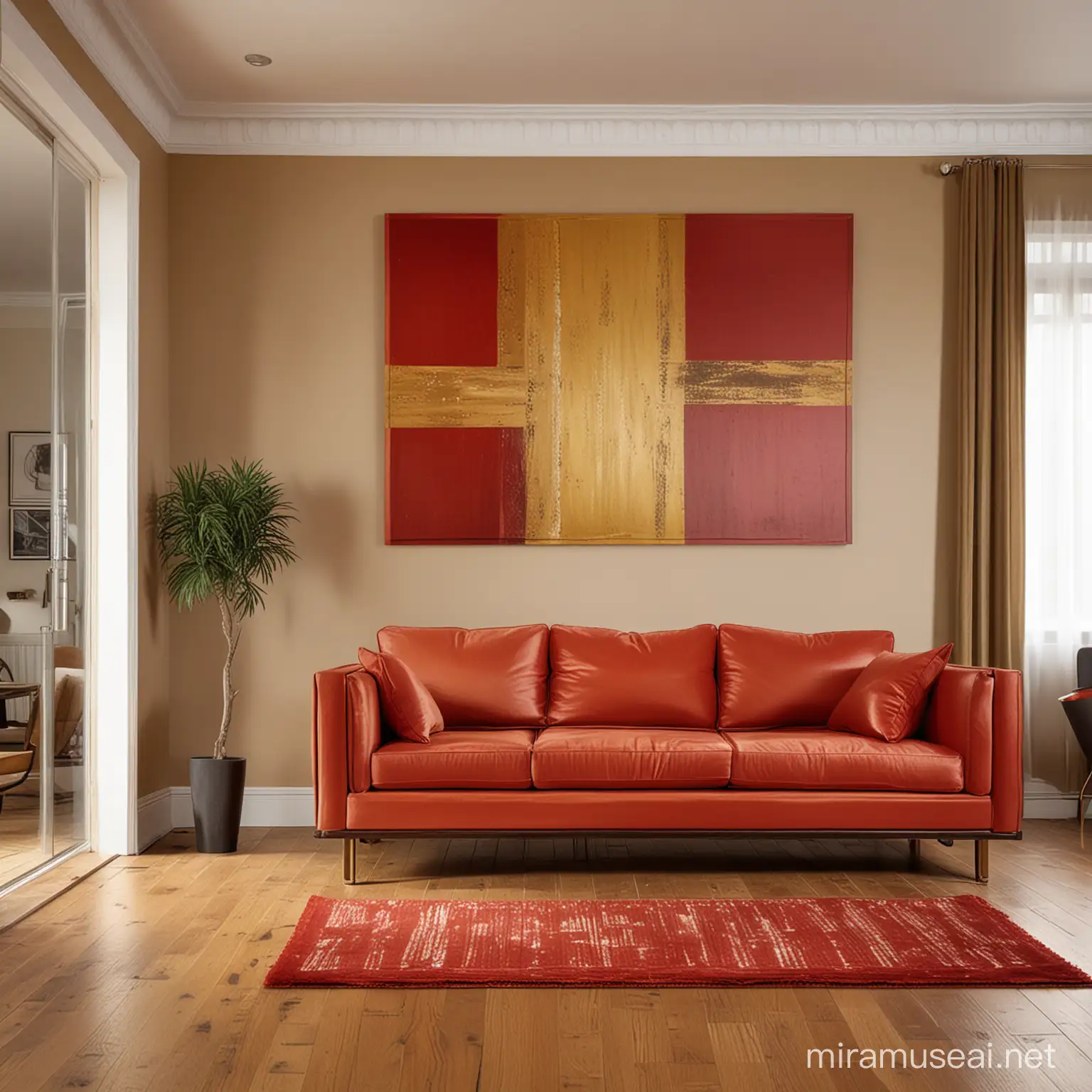 A living room in gold, brown and red. It has a wooden floor. A rectangular work hangs upright behind the sofa. Real, lively, detailed, light and shadow