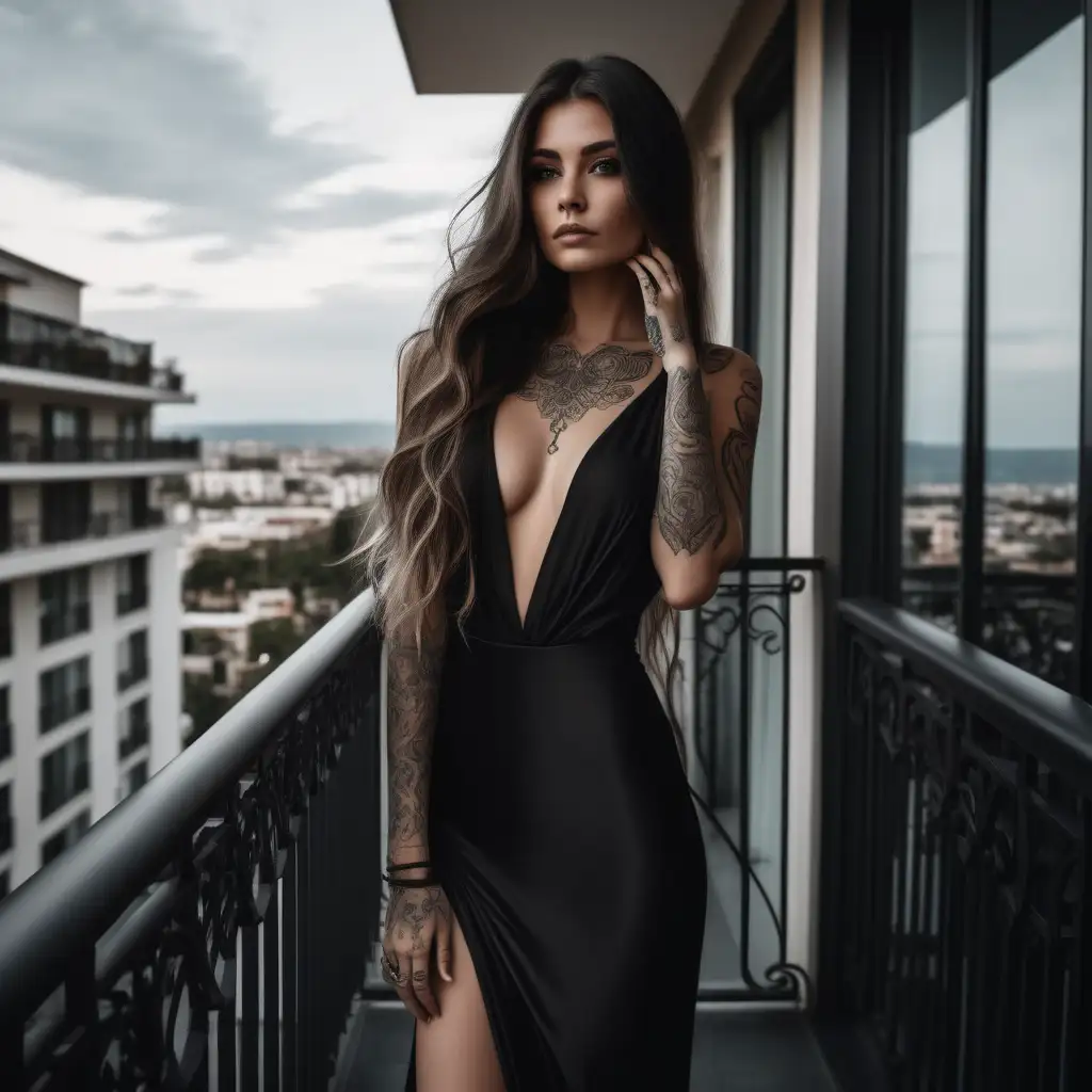 dark mysterious feminine with long balayage hair in a black silk dress she has full body symmetrical tattoos she is on a balcony of a fancy hotel