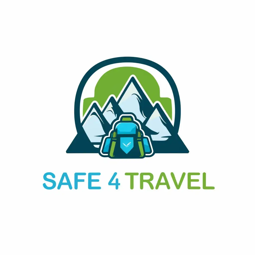 a logo design,with the text "Safe 4 Travel", main symbol:mountain, back pack,Moderate,clear background