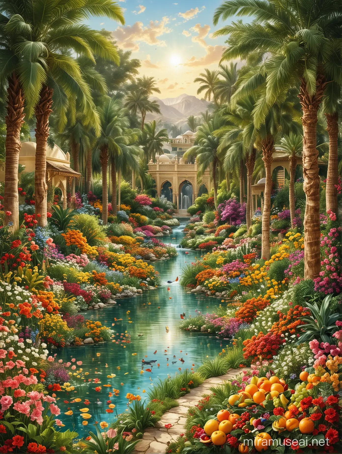
"Create an image depicting the depiction of paradise in the Quran. Include lush gardens, flowing rivers, luxurious furnishings, and fruits. Show inhabitants enjoying physical delights like exquisite food and drink, silk garments, and companions of perfect beauty. Emphasize the eternal nature of paradise , portraying it as a place of ultimate joy, spiritual fulfillment, and eternal bliss for those who believe in and obey Allah."