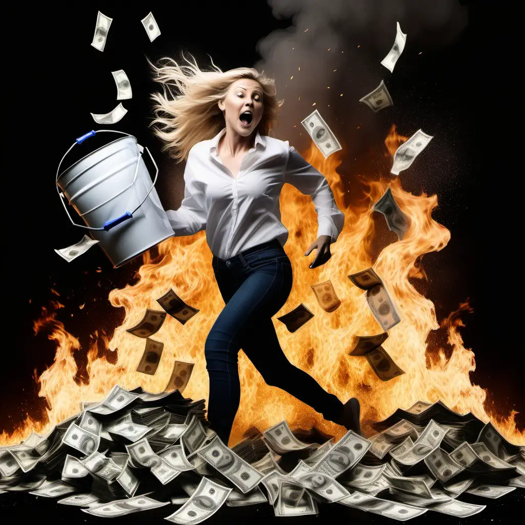 create an image of a blonde woman running into a pile of burning money with an overflowing bucket of water to save it all