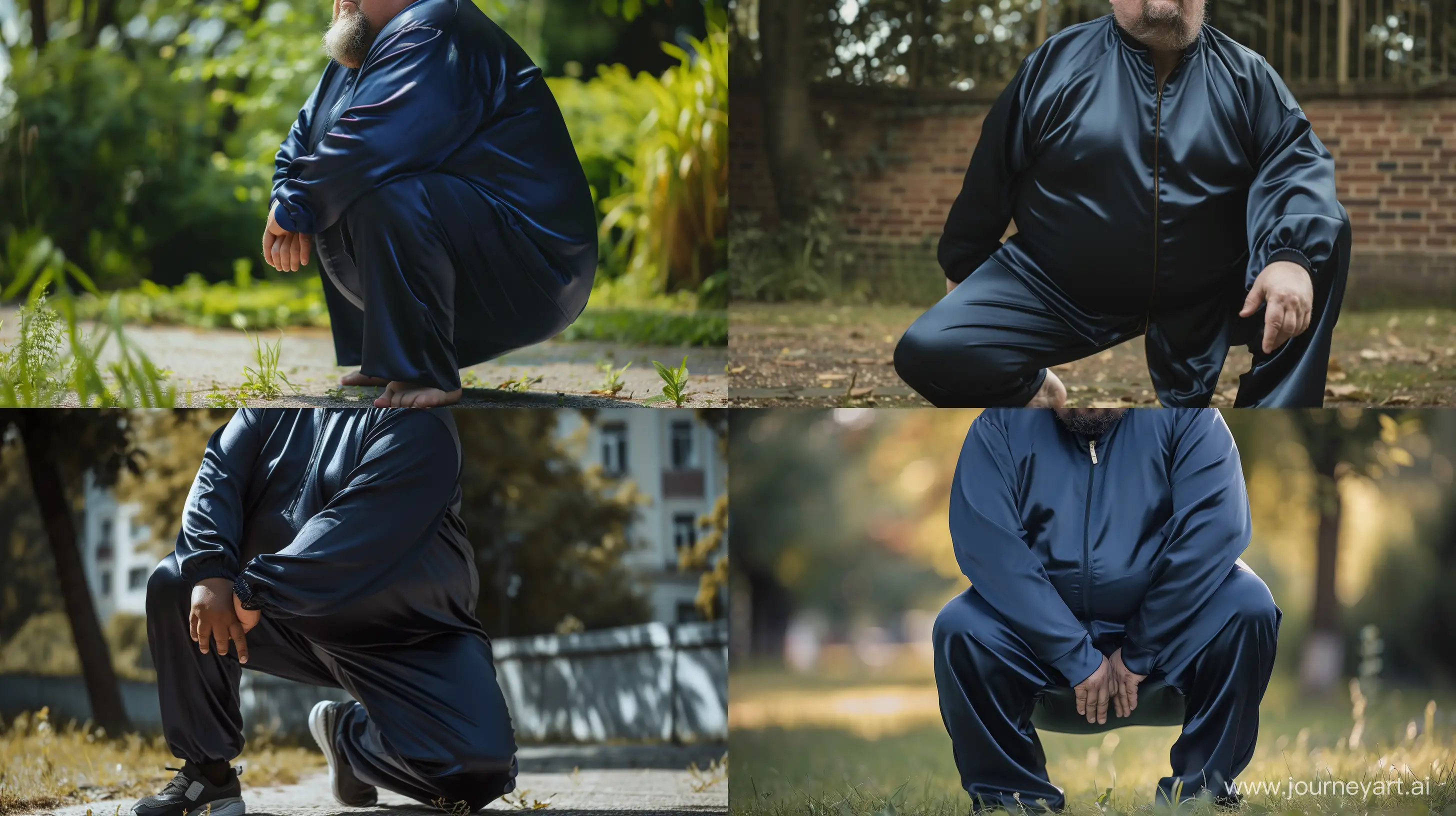Photo of a fat man aged 60 wearing a silk navy tracksuit. Knee touching ground. Outside. --style raw --ar 16:9