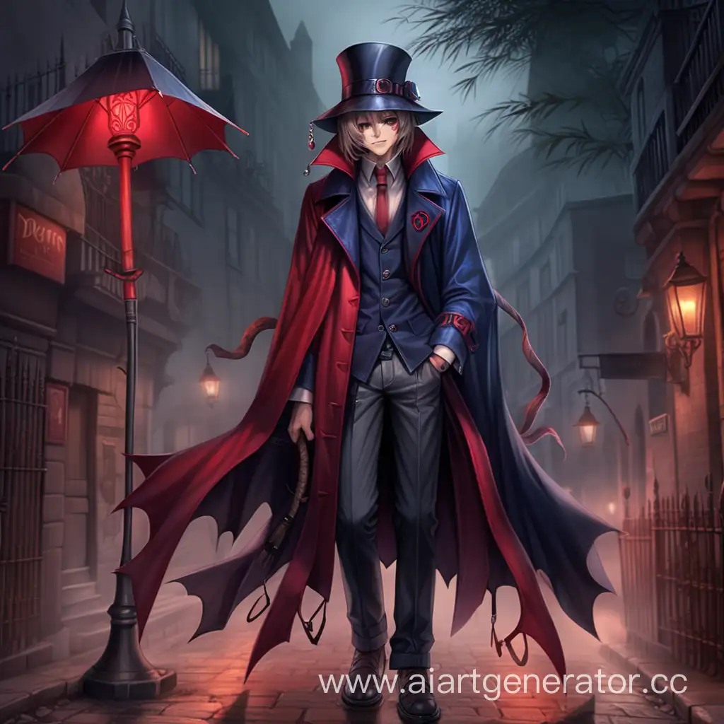 jack the ripper, boy, Cute, shy, boy, guy, dark blue eyes, long ash-colored hair, evil, imp, vintage leather raincoat, depression, A full-length character, demon, despair, demonic halo, anxiety, foggy forces, darkness, Diabolic Darkness Manipulation, Arrogance, oversize, steampunk, Red Bamboo Umbrella, modest smile, long demonic tail, Demon lord