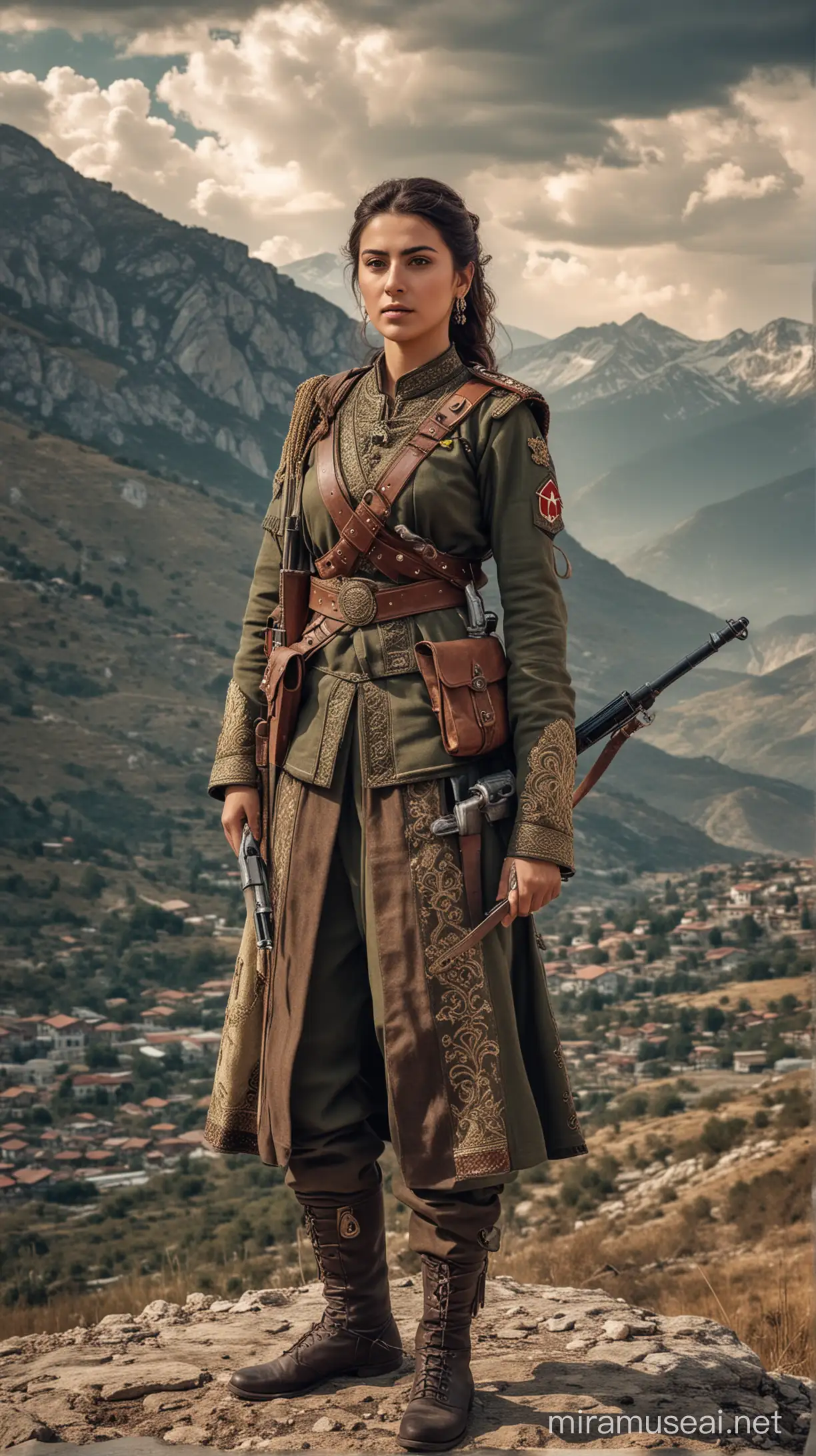 Depict a scene where Çete Emir Ayşe stands ready in her efe attire, holding her weapon, with mountains in the background, clouds in the sky, and a serene natural atmosphere surrounding her. old turkish soldier dressed


