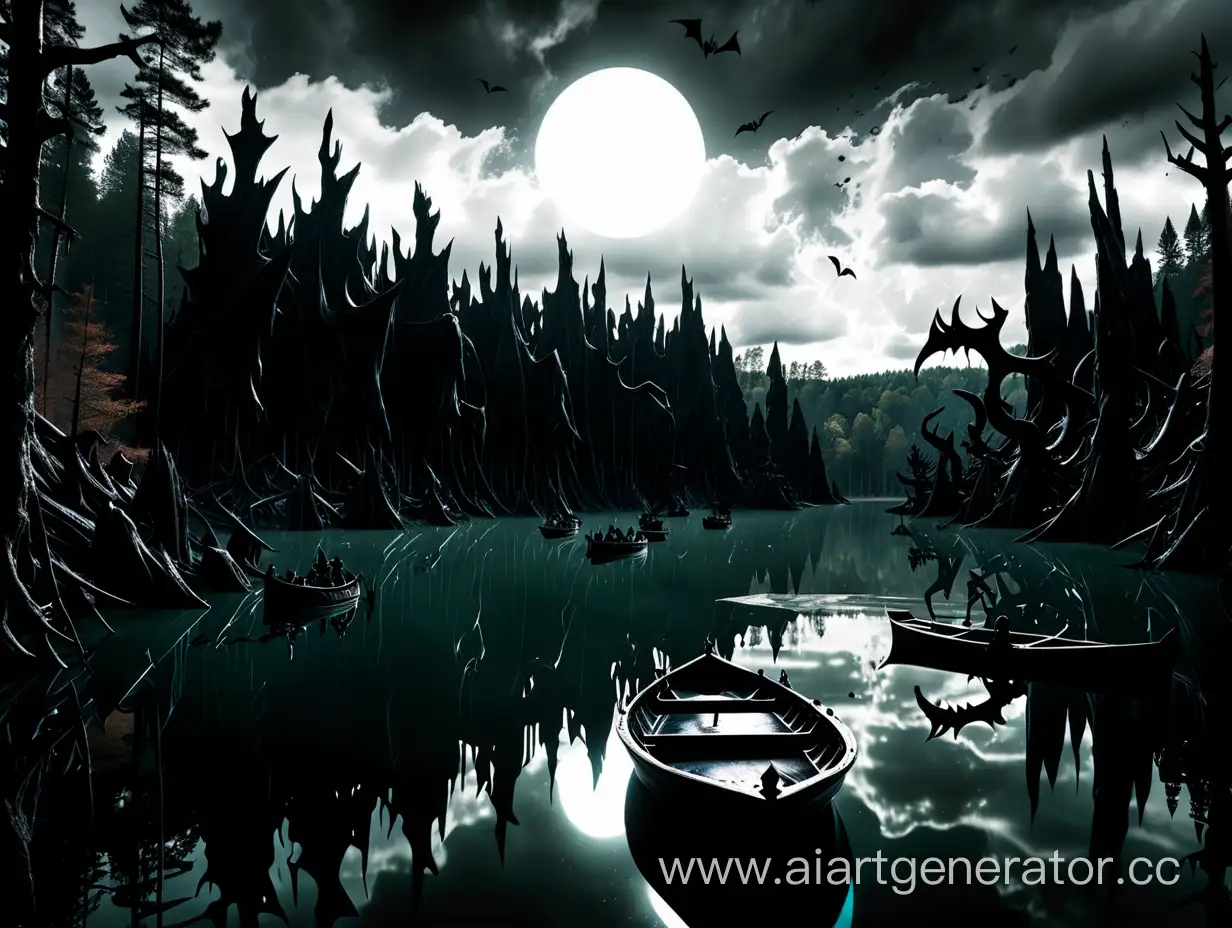 озеро, на заднем фоне страшный лес, а на небе черное солнце, на озере пустая лодка а вокруг лодки 3 чудовища, все это вид сбоку