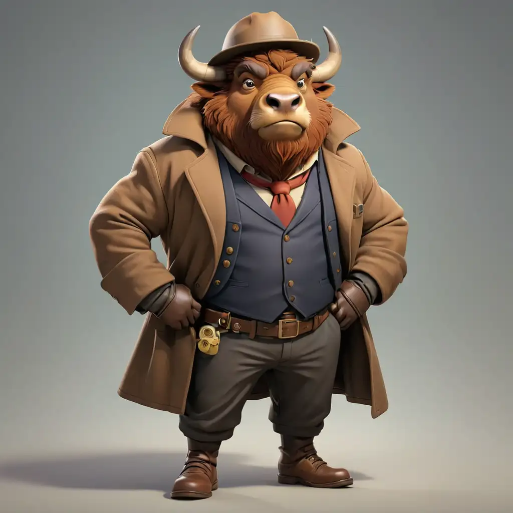 a bison in cartoon style in full body with Detective clothes with overcoat with helmet with clear background