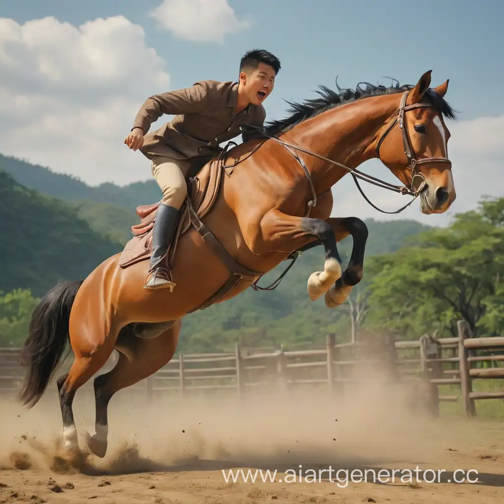 Парень азиатской национальности быстро скочит на лошади. средний или крупный кадр