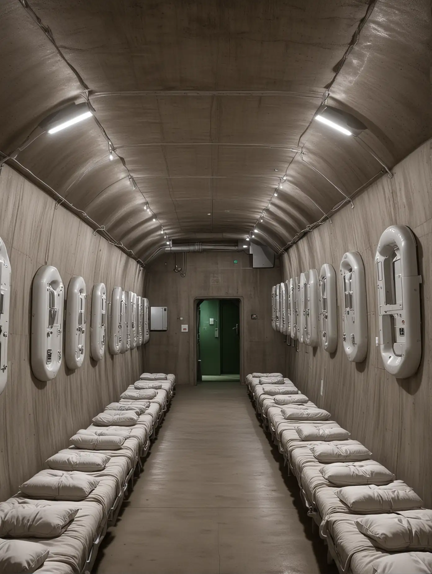 lot of hypersleep pods in an underground bunker, symmetrically placed
