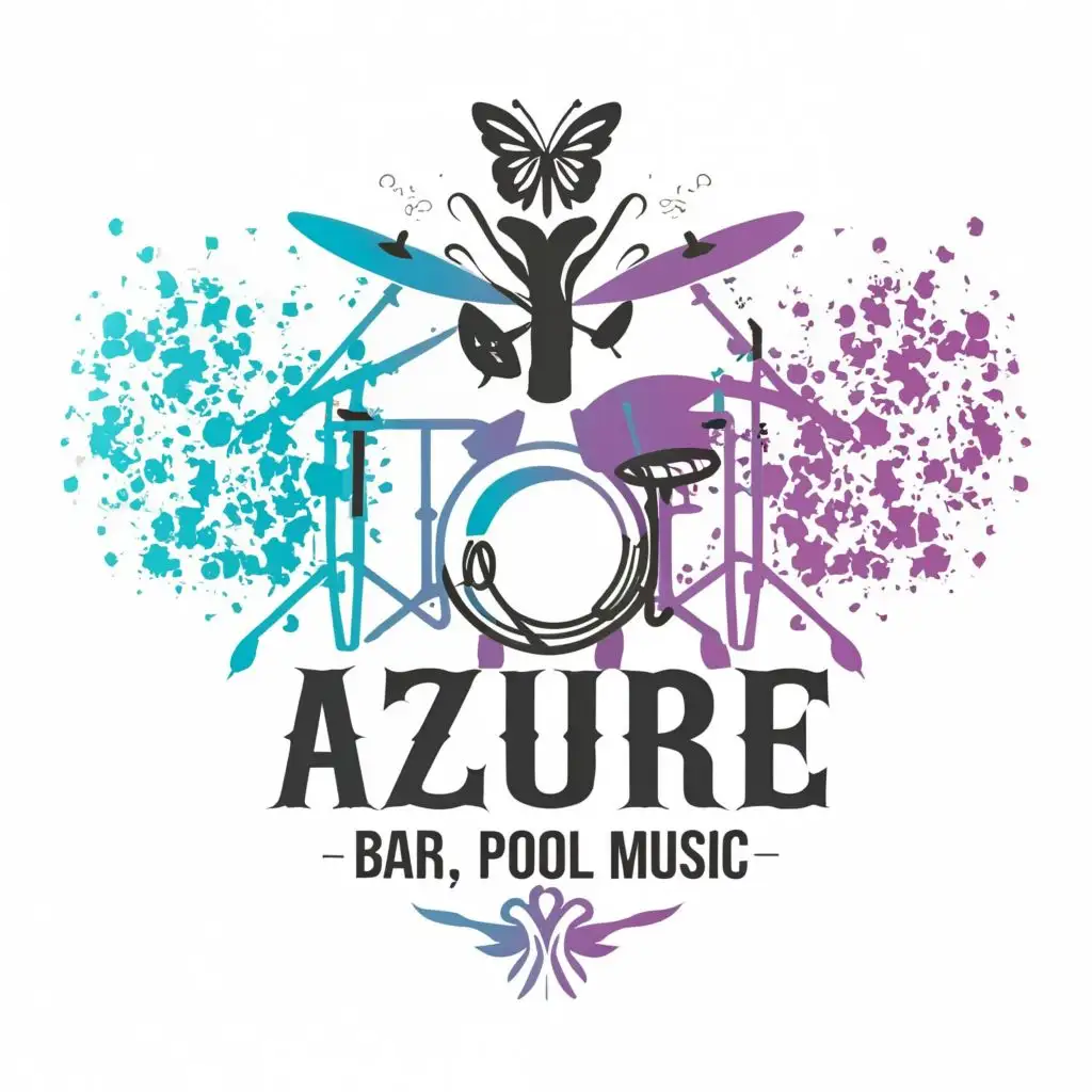logo, drumset butterfly mic with the text "Azure", typography, must in purple color and slogan must be (bar,pool,music) must be butterfly
