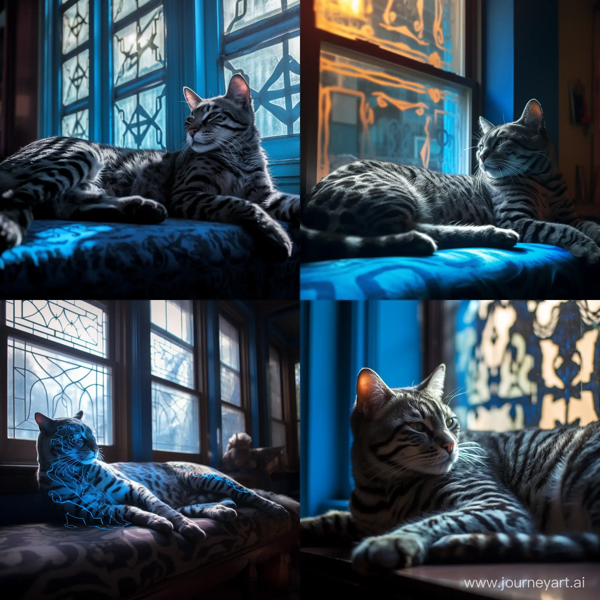 Serene-Blue-Cat-Basks-in-Window-Light-with-Intricate-Black-Patterns