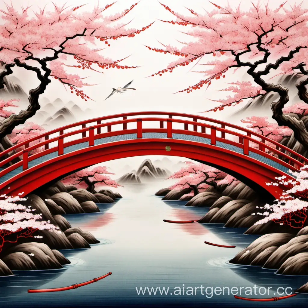 Красный мост, японские мотивы, сакура