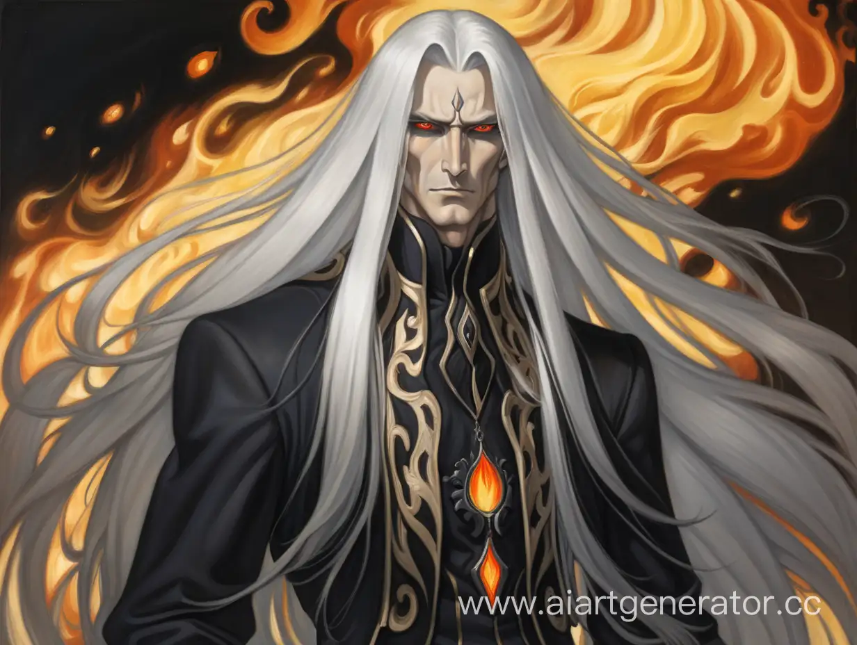  высокий светлокожий мужчина с длинными белыми волосами и чёрными глазами. Его наряд состоит из чёрной манией на которой изображены языки пламени