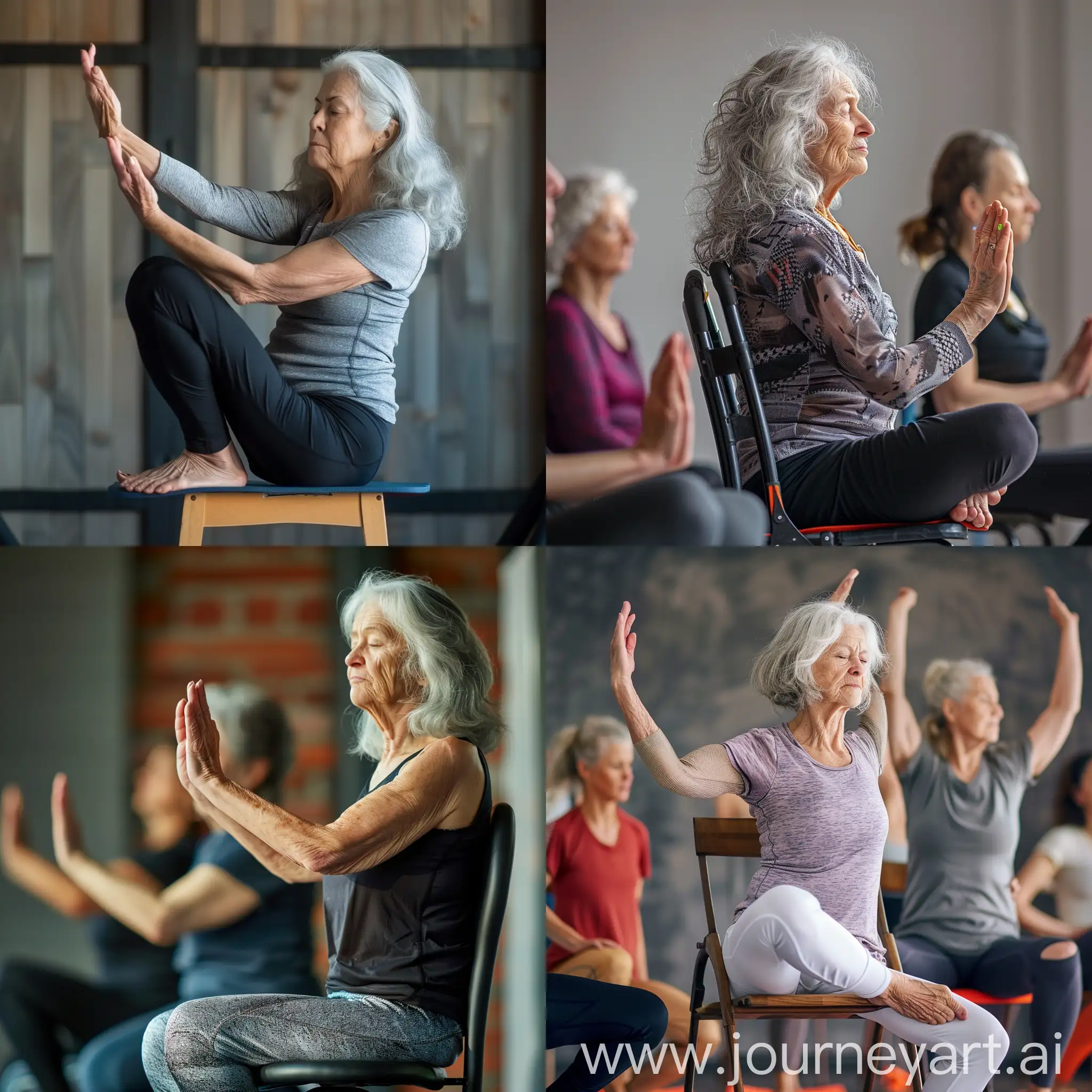 old woman with grey hair is doing yoga on the chair in the yoga class
