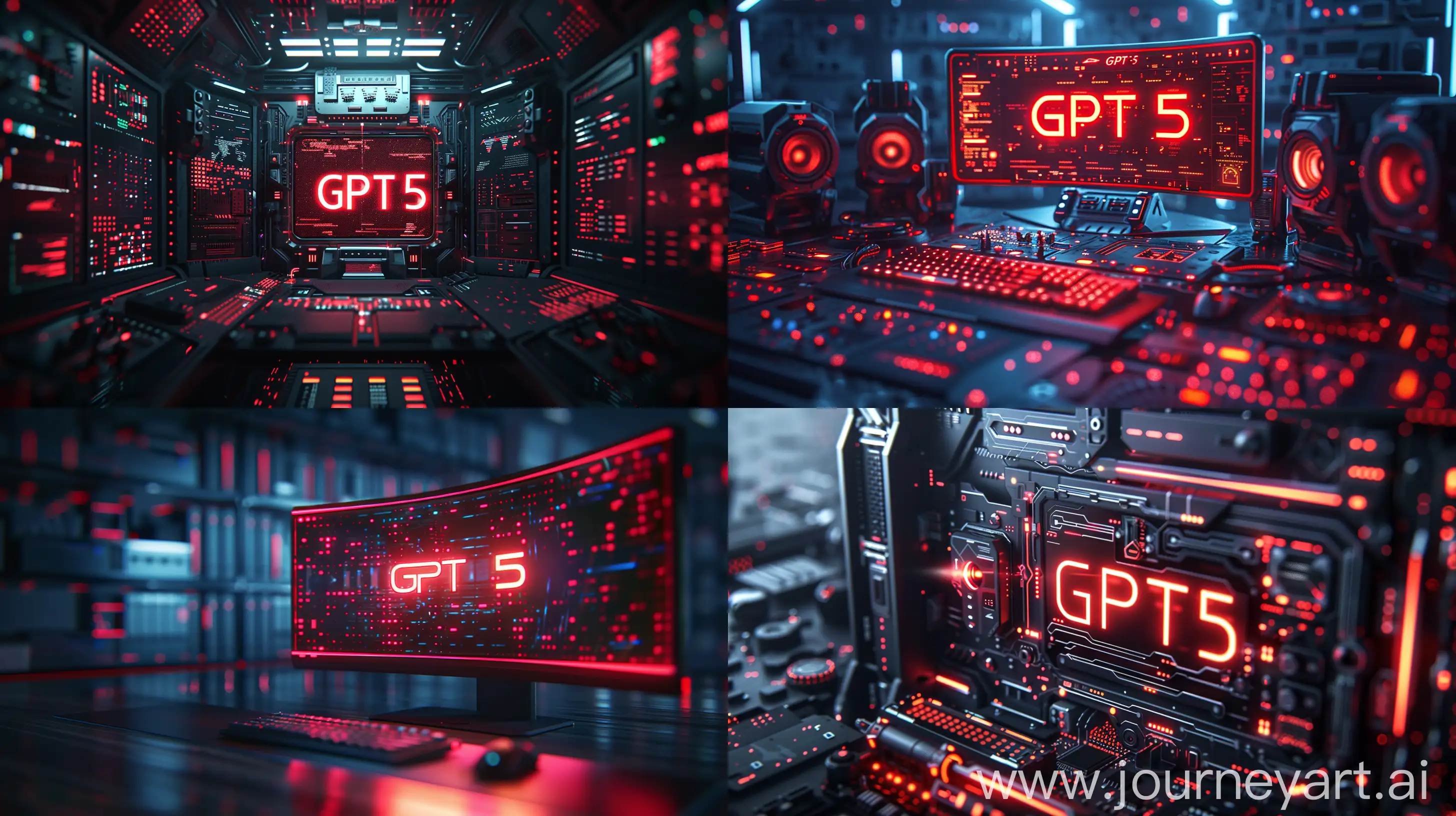 A future computer without any frame, its screens are just lighting that generates the word: "GPT-5" in red, showing the details of the screen, very realistic, front shot, wide-angle, cinematic, everything dark except for the screen lighting --ar 16:9 --s 250 --style raw --v 6 